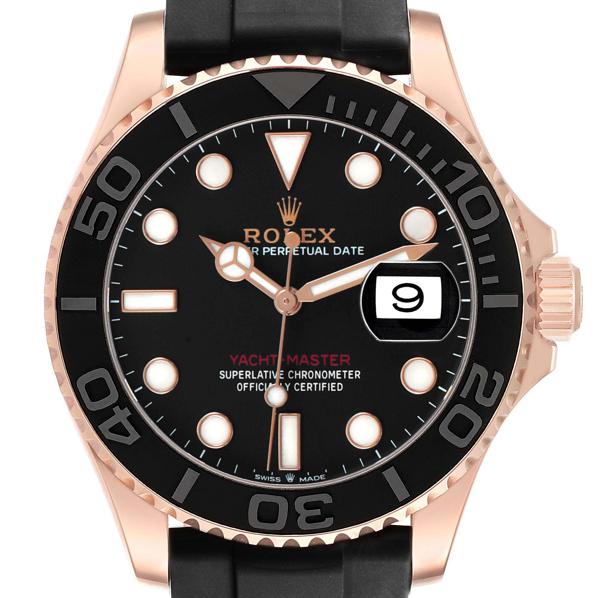 The Rolex Yacht-Master 126655 Men's Rose Gold Black Dial watch is shown from the front, highlighting its dial, bezel, hands, and date window.