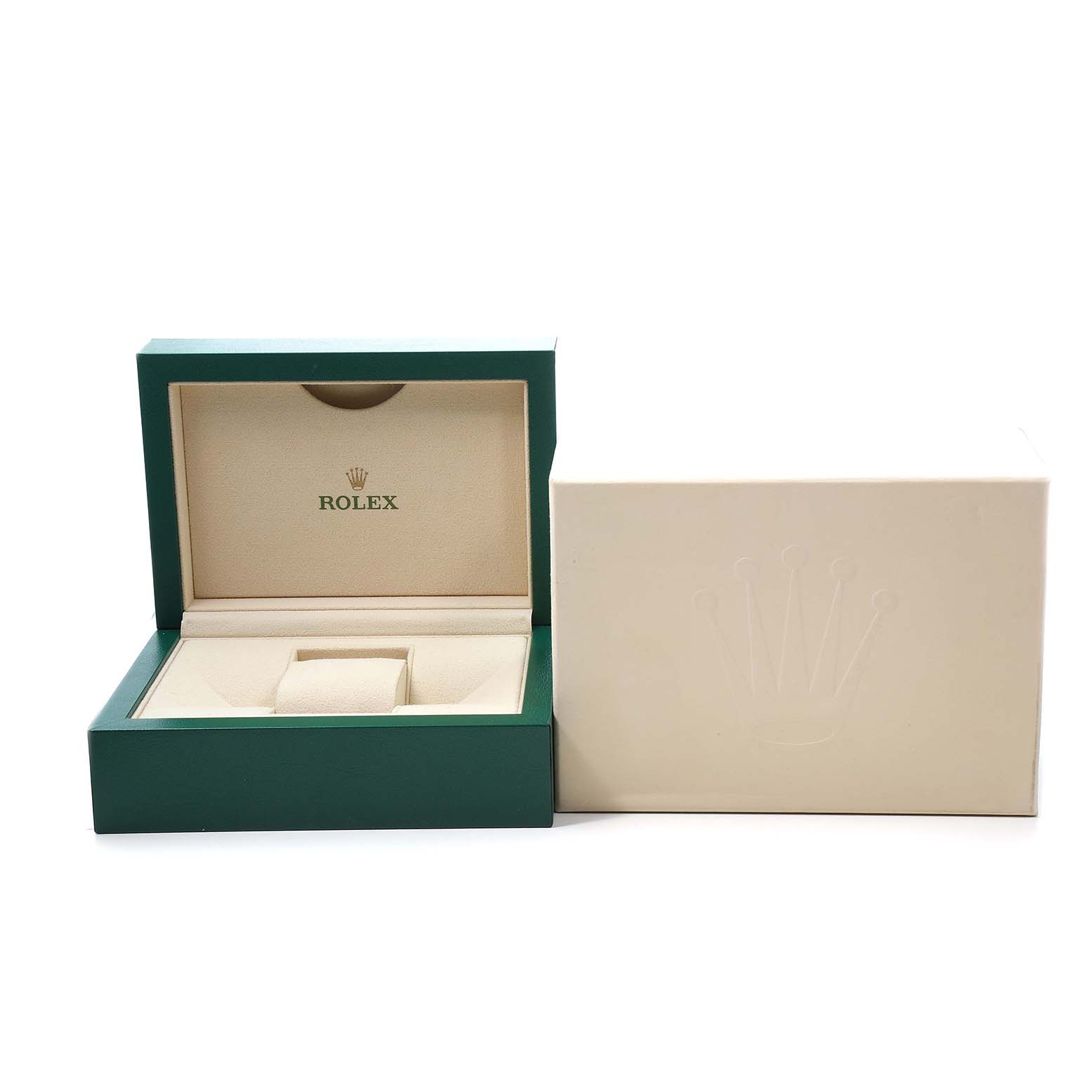 The image shows an open green Rolex box for the Yacht-Master model with a padded interior and a separate closed outer box.