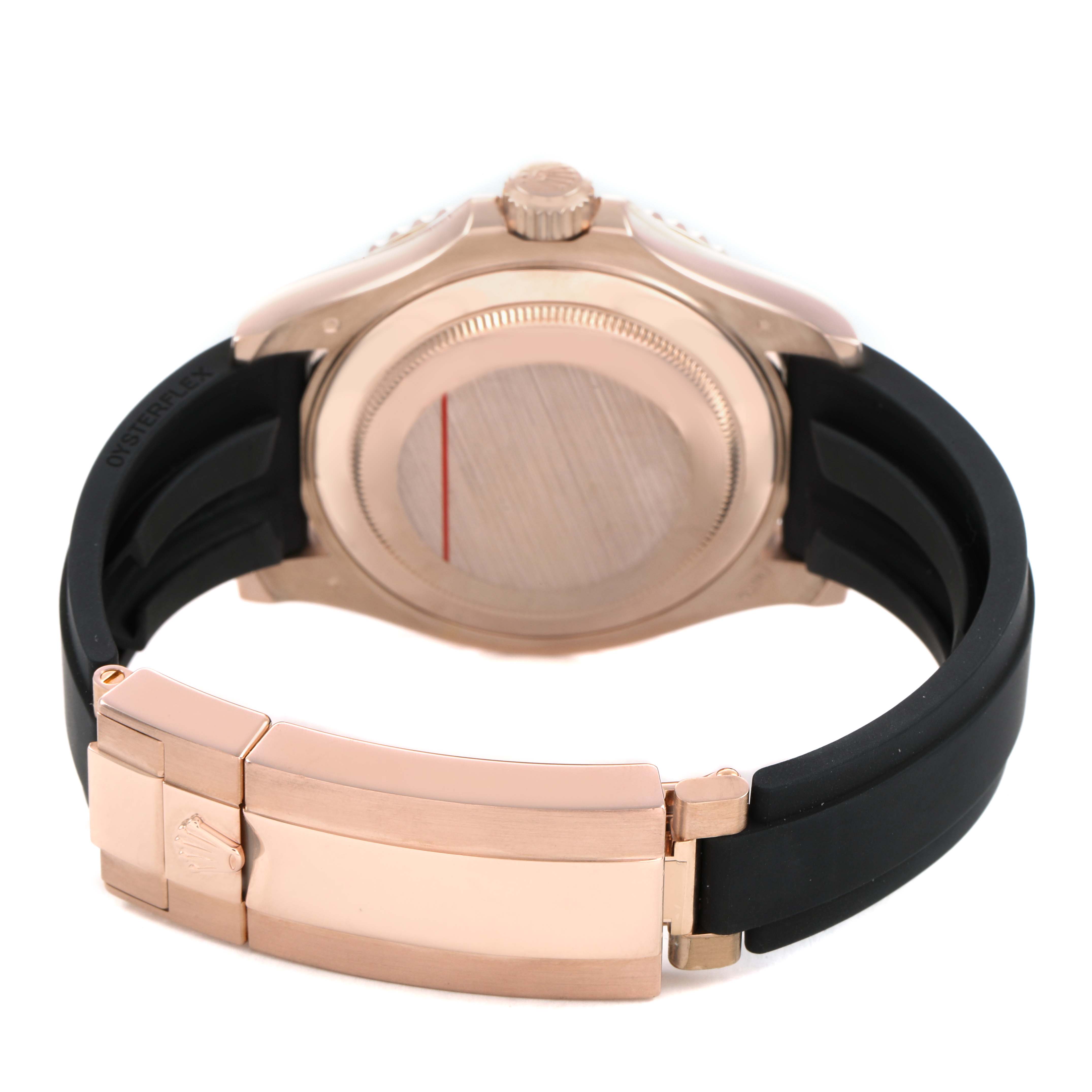 This image shows the back case and clasp of a Rolex Yacht-Master 126655 Men's Rose Gold Black Dial, highlighting the Oysterflex bracelet and gold finish.