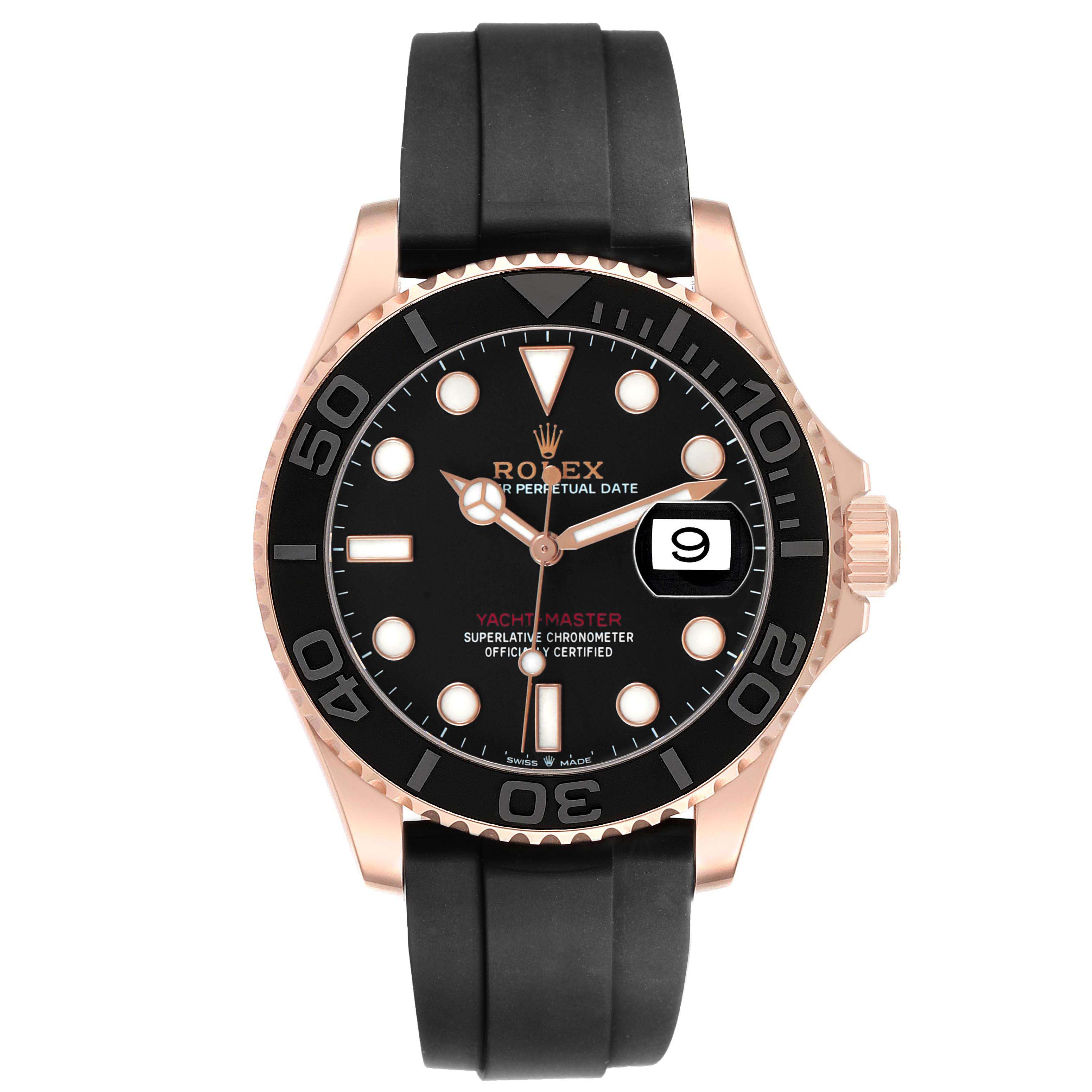 The Rolex Yacht-Master 126655 Men's Rose Gold Black Dial watch is shown from the front, displaying its black dial, bezel, and rubber strap.