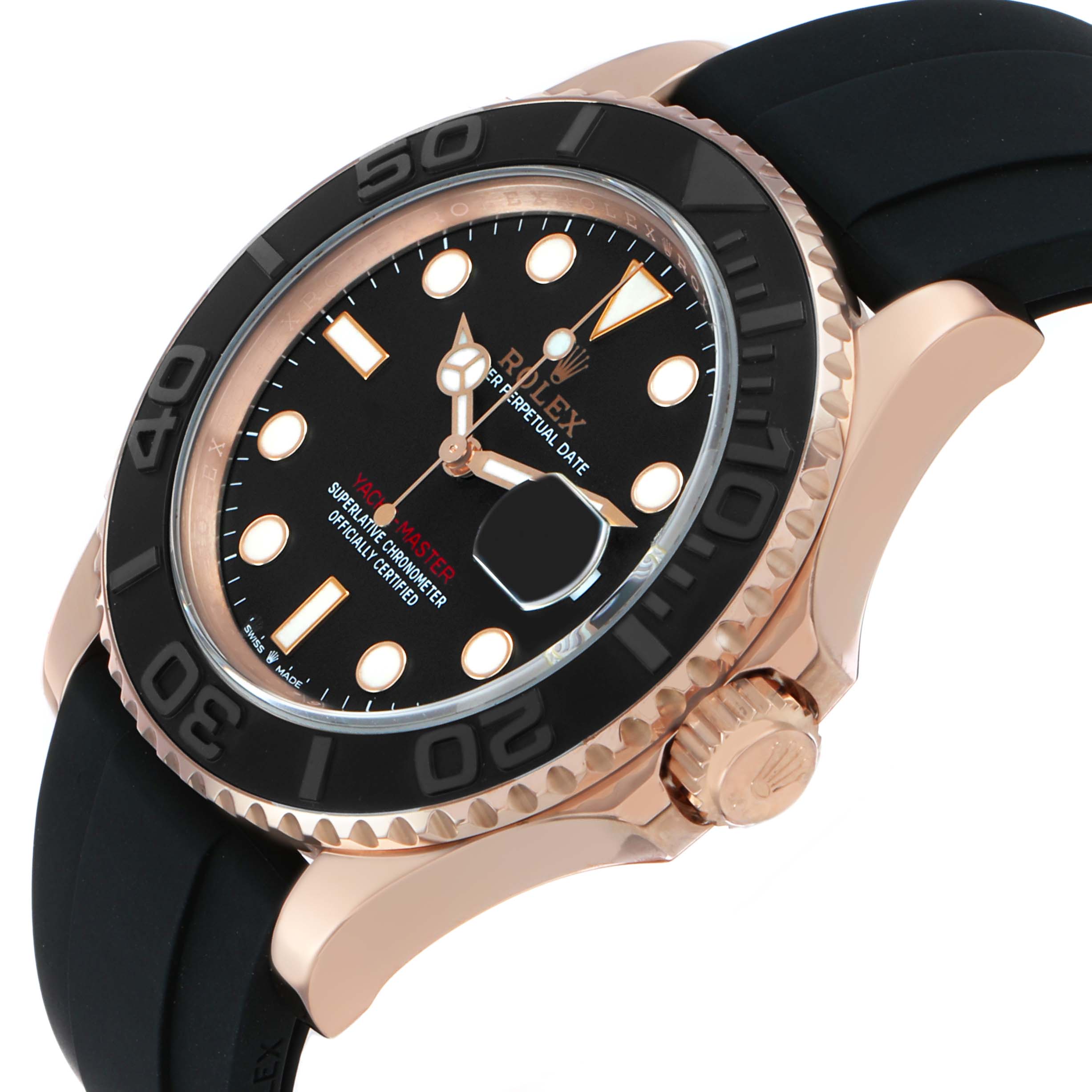 The Rolex Yacht-Master 126655 Men's Rose Gold Black Dial watch is shown at an angle highlighting the bezel, dial, crown, and rubber strap.