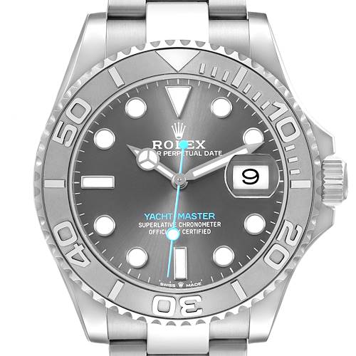 The Rolex Yacht-Master 126622 Men's Stainless Steel Grey Dial watch is shown from a frontal angle, featuring the dial, bezel, and bracelet.