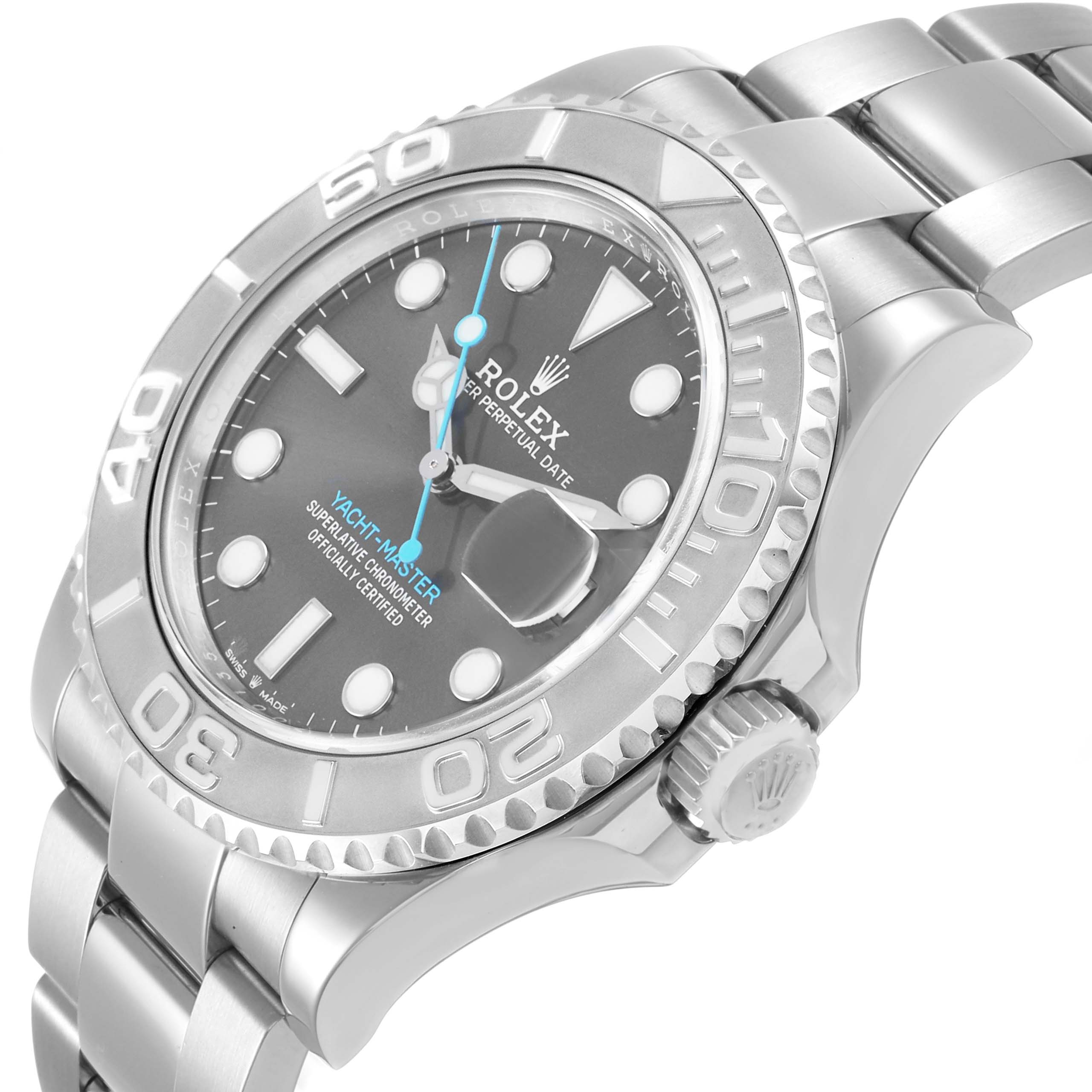 The Rolex Yacht-Master 126622 Men's Stainless Steel Grey Dial watch is shown at a tilted angle, displaying the bezel, crown, bracelet, and dial clearly.