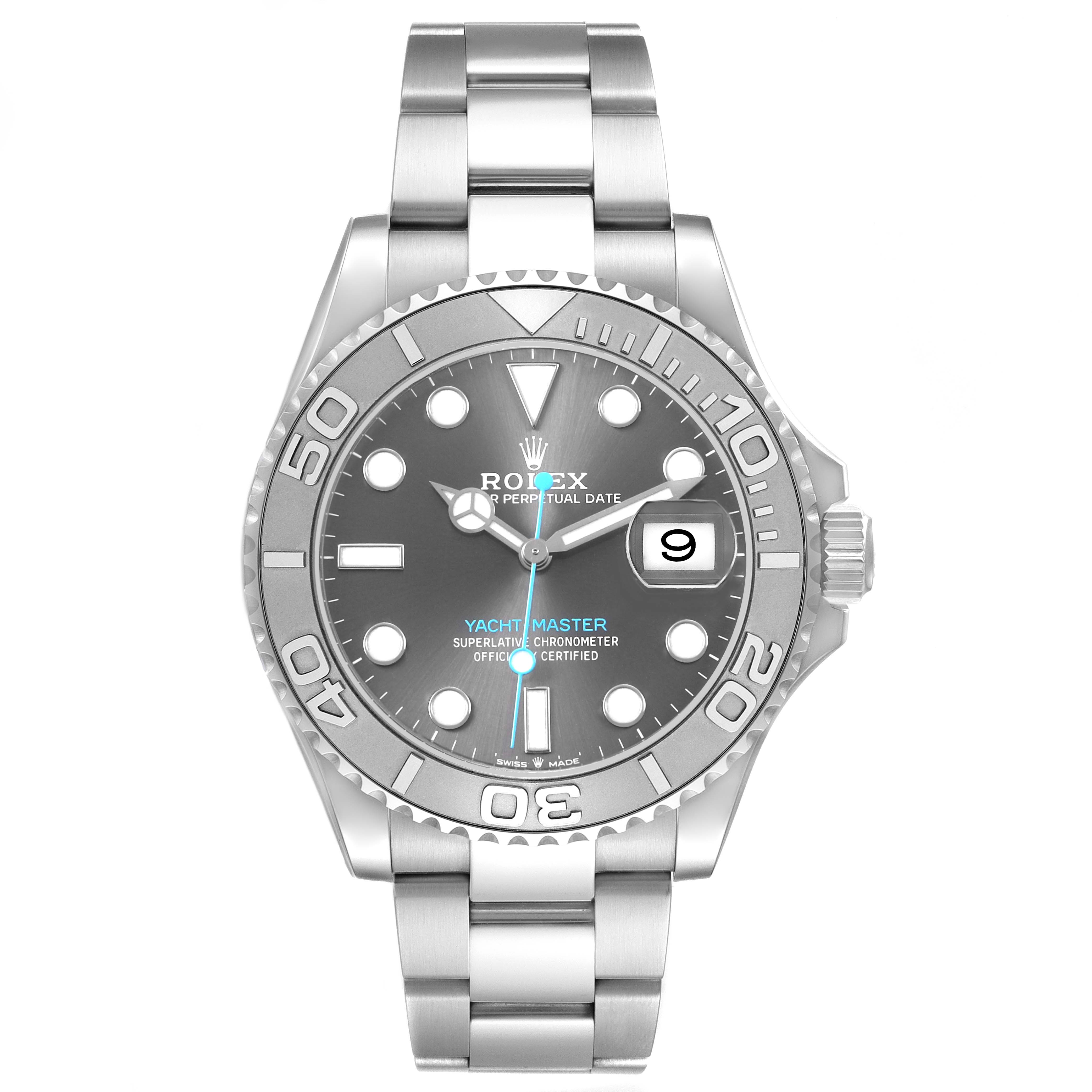 The Rolex Yacht-Master 126622 Men's Stainless Steel Grey Dial watch is shown from the front, displaying the dial, bezel, bracelet, and date window.