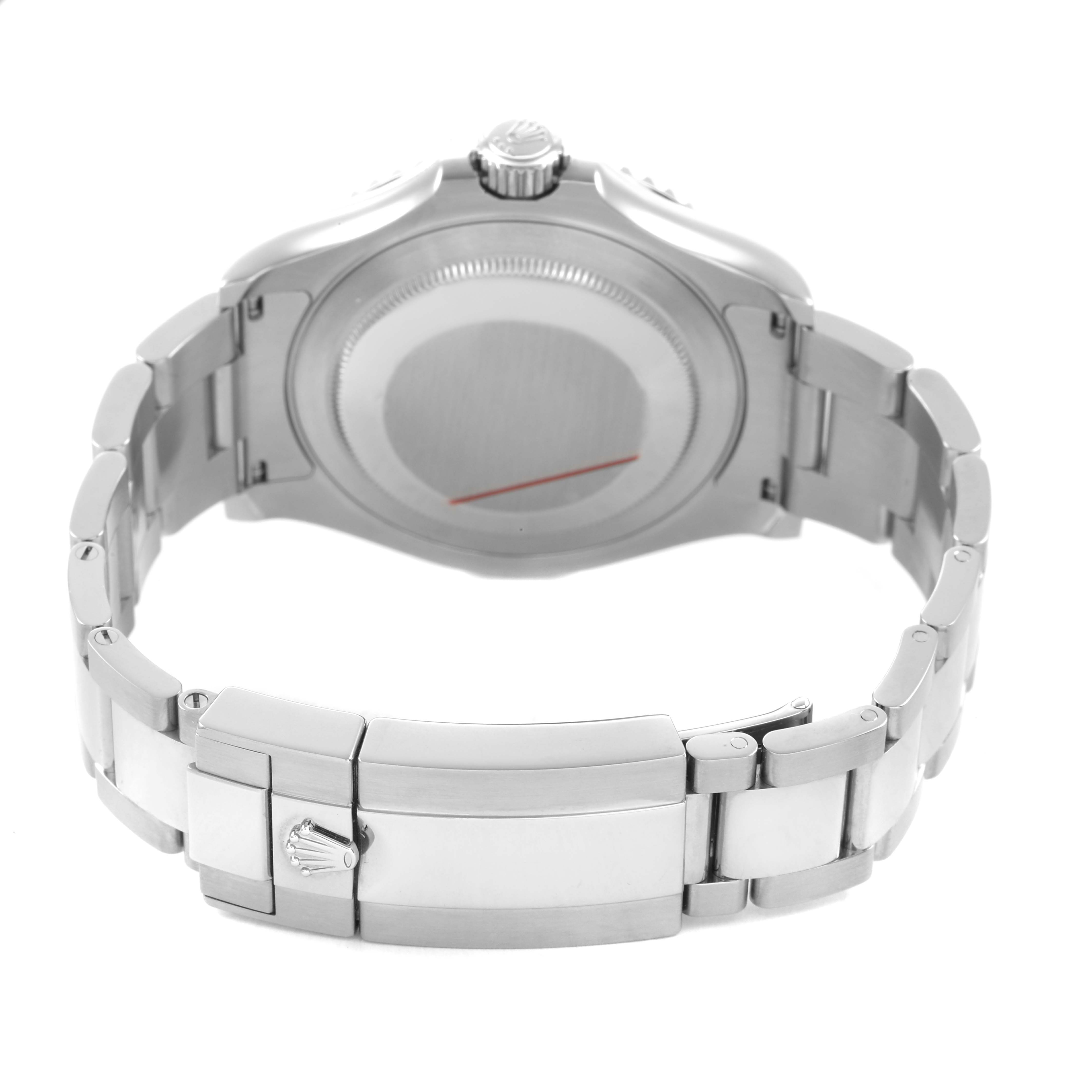 The image shows the back view of a Rolex Yacht-Master 126622 Men's Stainless Steel Grey Dial, highlighting the case back and metal bracelet with clasp.