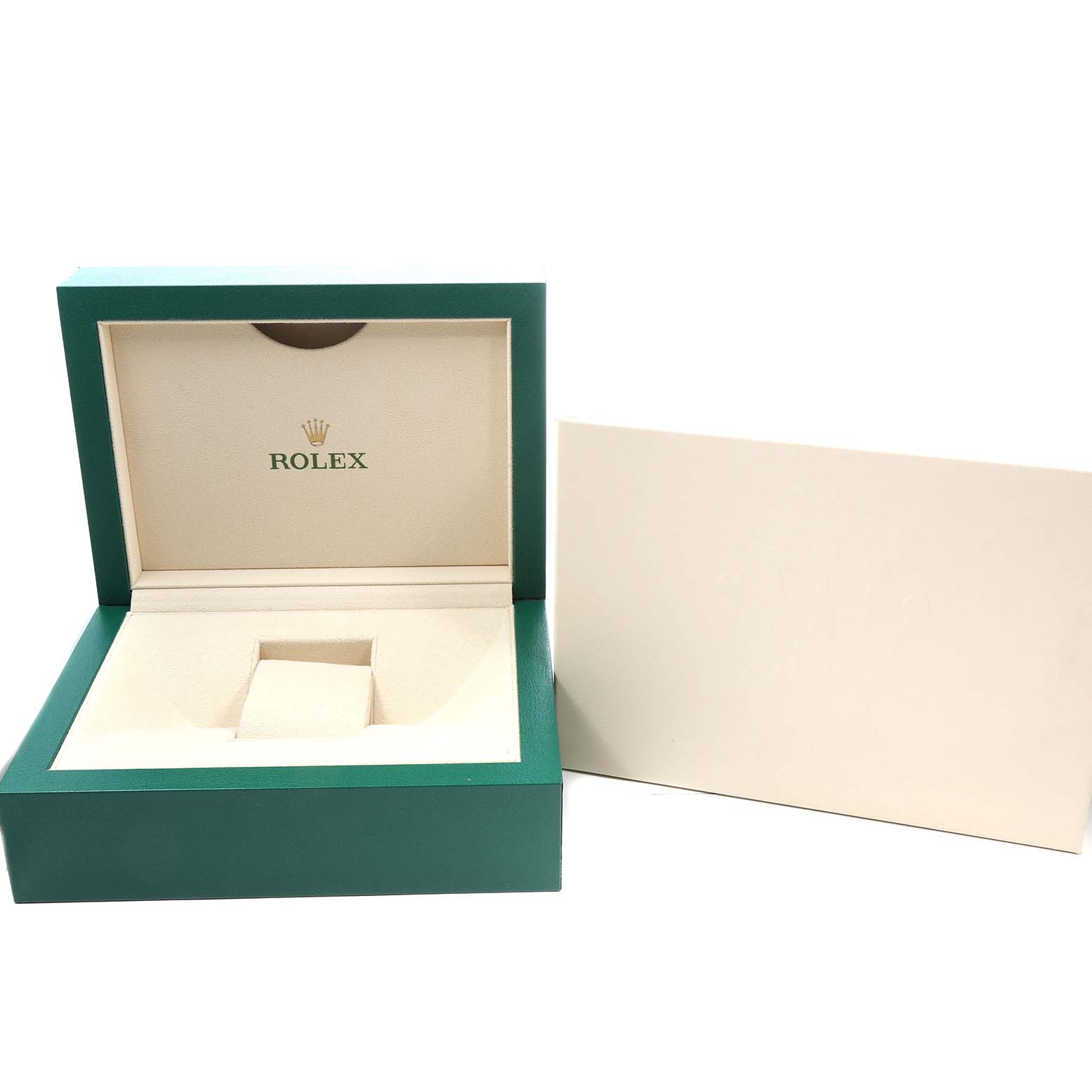 The image shows an open Rolex Yacht-Master 126622 Men's Stainless Steel Grey Dial watch box at a front angle, revealing the interior cushion and branding.