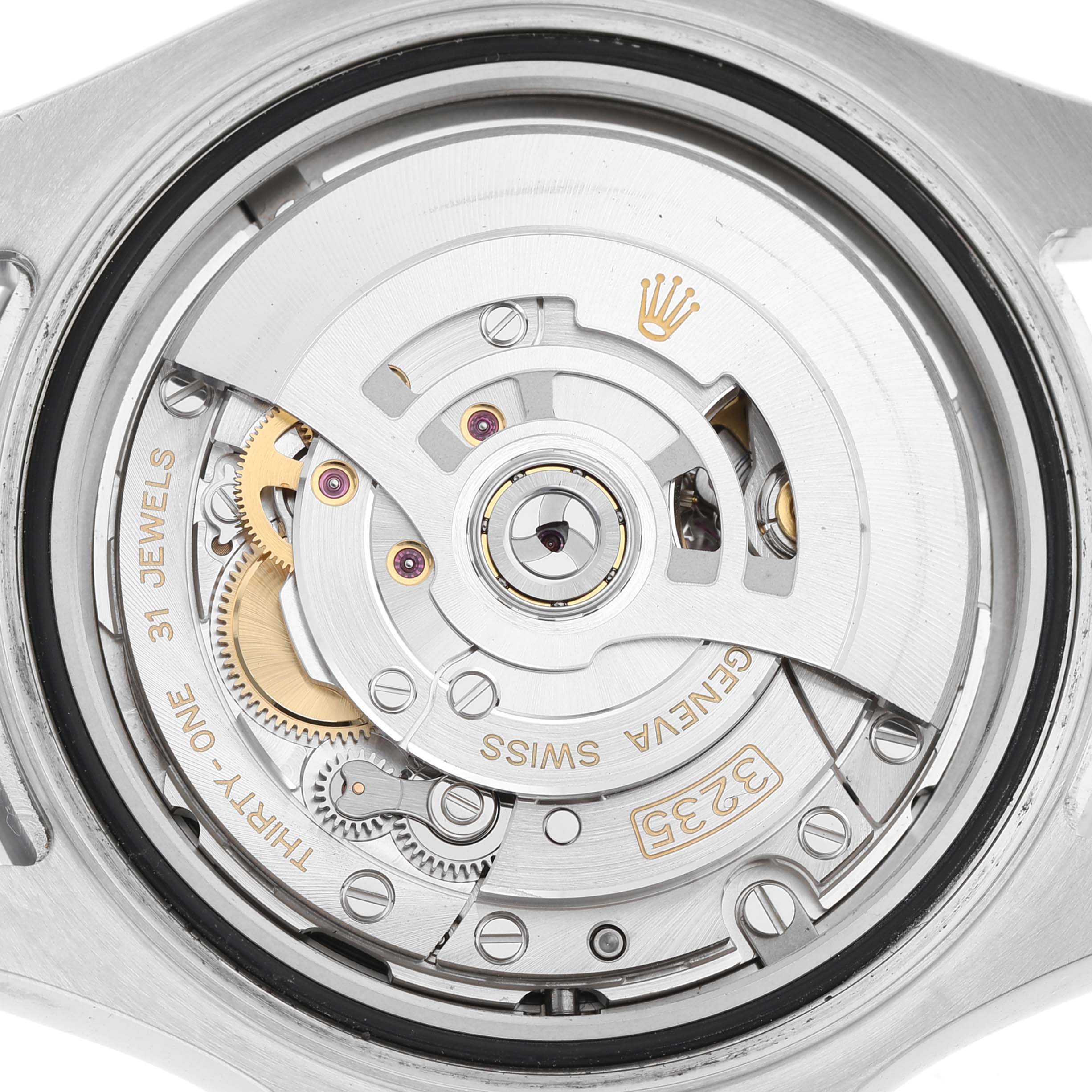 The image shows the movement of a Rolex Yacht-Master 126622 Men's Stainless Steel Grey Dial watch, focusing on its mechanism and internal components.