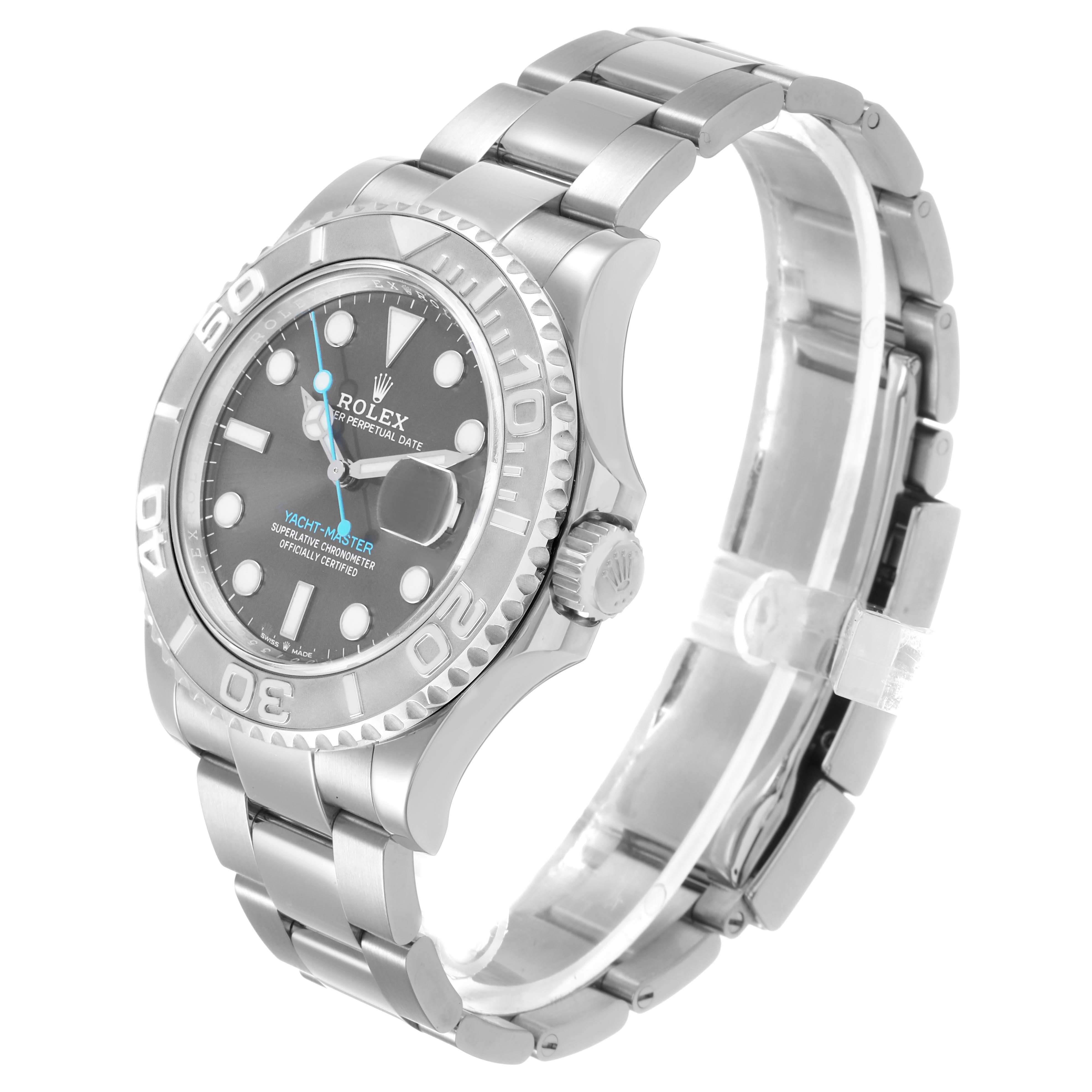 The Rolex Yacht-Master 126622 Men's Stainless Steel Grey Dial watch is shown from a three-quarter angle, displaying the bezel, dial, bracelet, and crown.