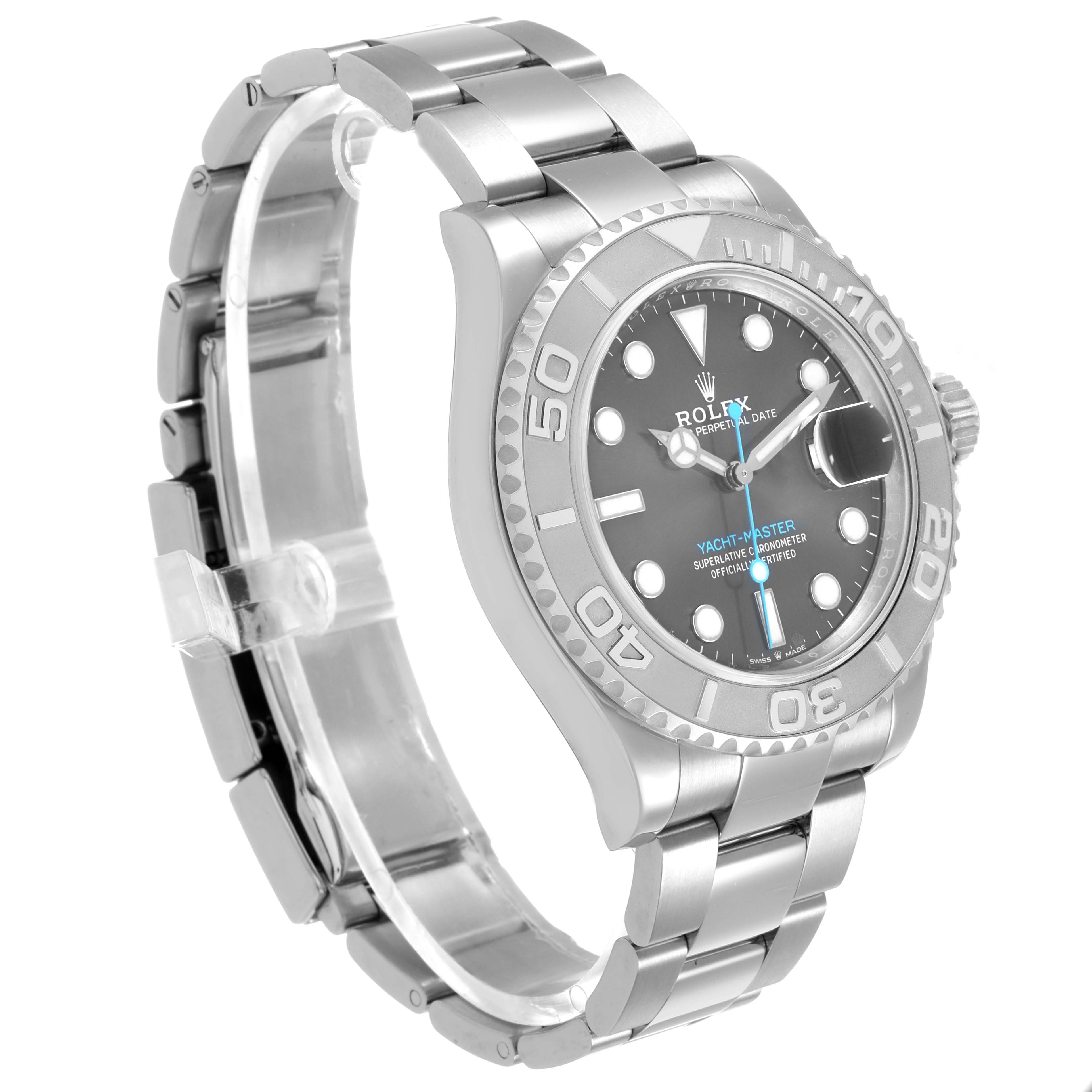 The Rolex Yacht-Master 126622 Men's Stainless Steel Grey Dial watch is shown from a side angle, displaying its face, bezel, and bracelet clearly.
