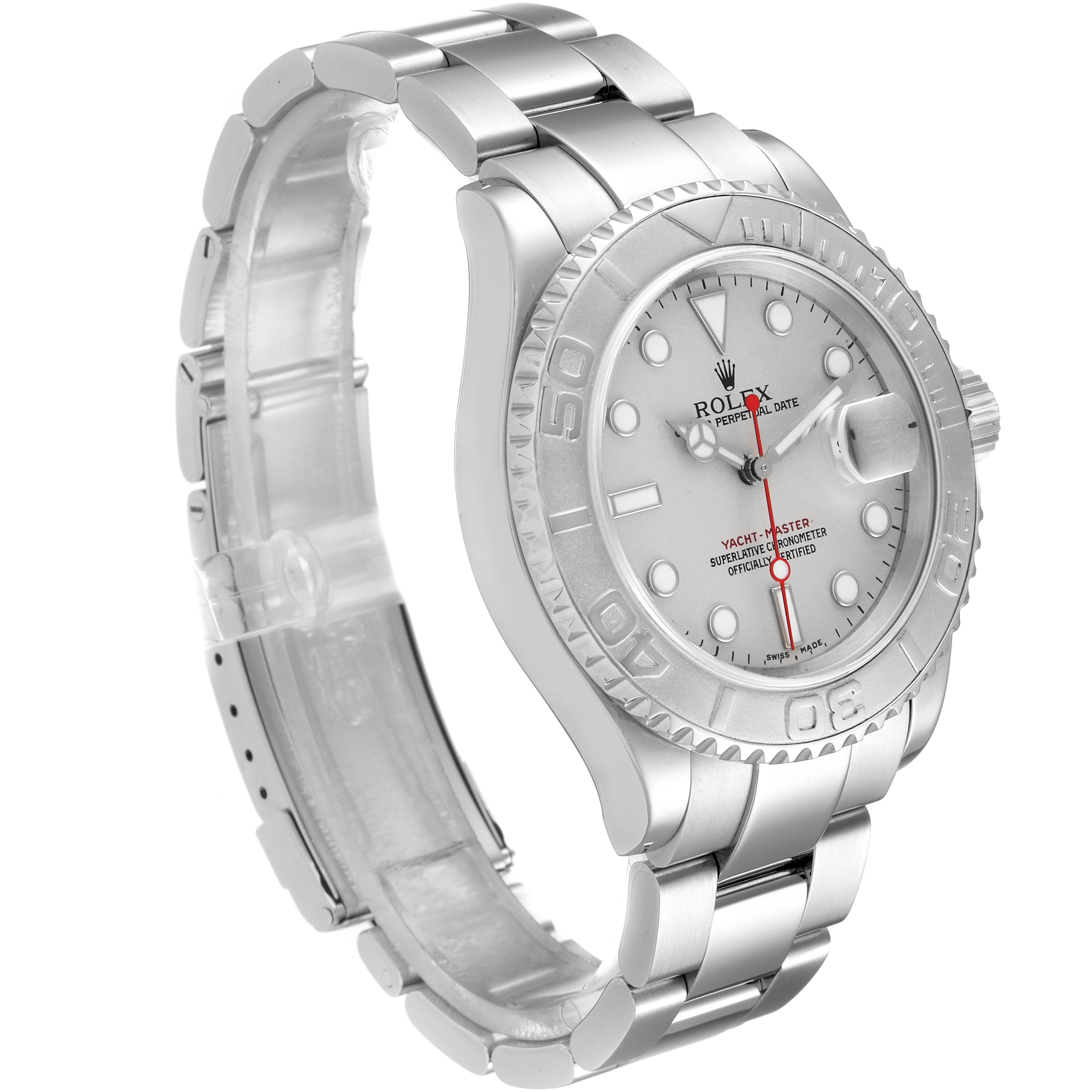 The image shows a side view of a Rolex Yacht-Master 16622 Men
s Stainless Steel Silver Dial 16622 Men
s Stainless Steel Silver Dial watch, displaying the bracelet, case, dial, and bezel.