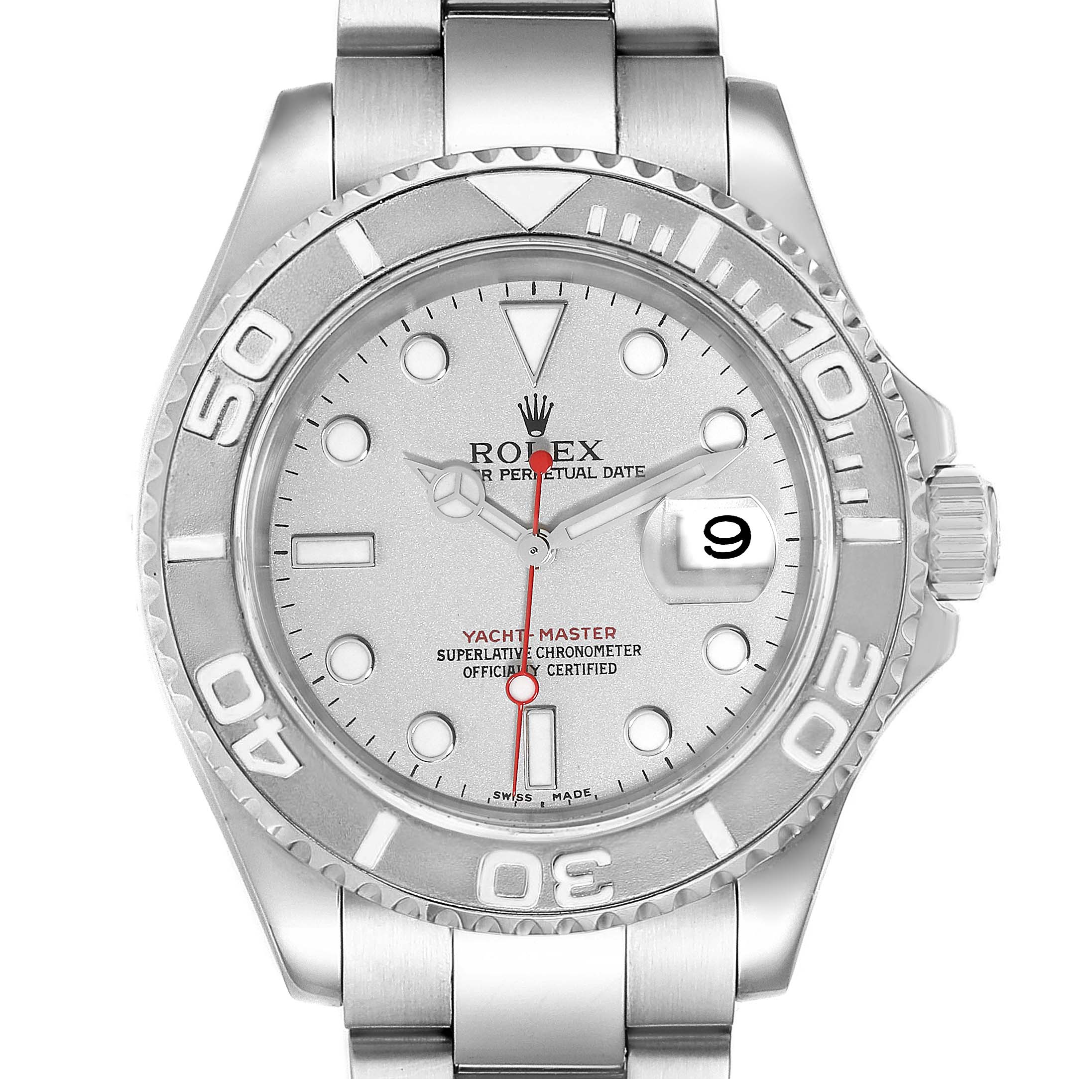 The image shows a front view of a Rolex Yacht-Master 16622 Men
s Stainless Steel Silver Dial 16622 Men
s Stainless Steel Silver Dial watch, featuring its dial, bezel, and part of the bracelet.