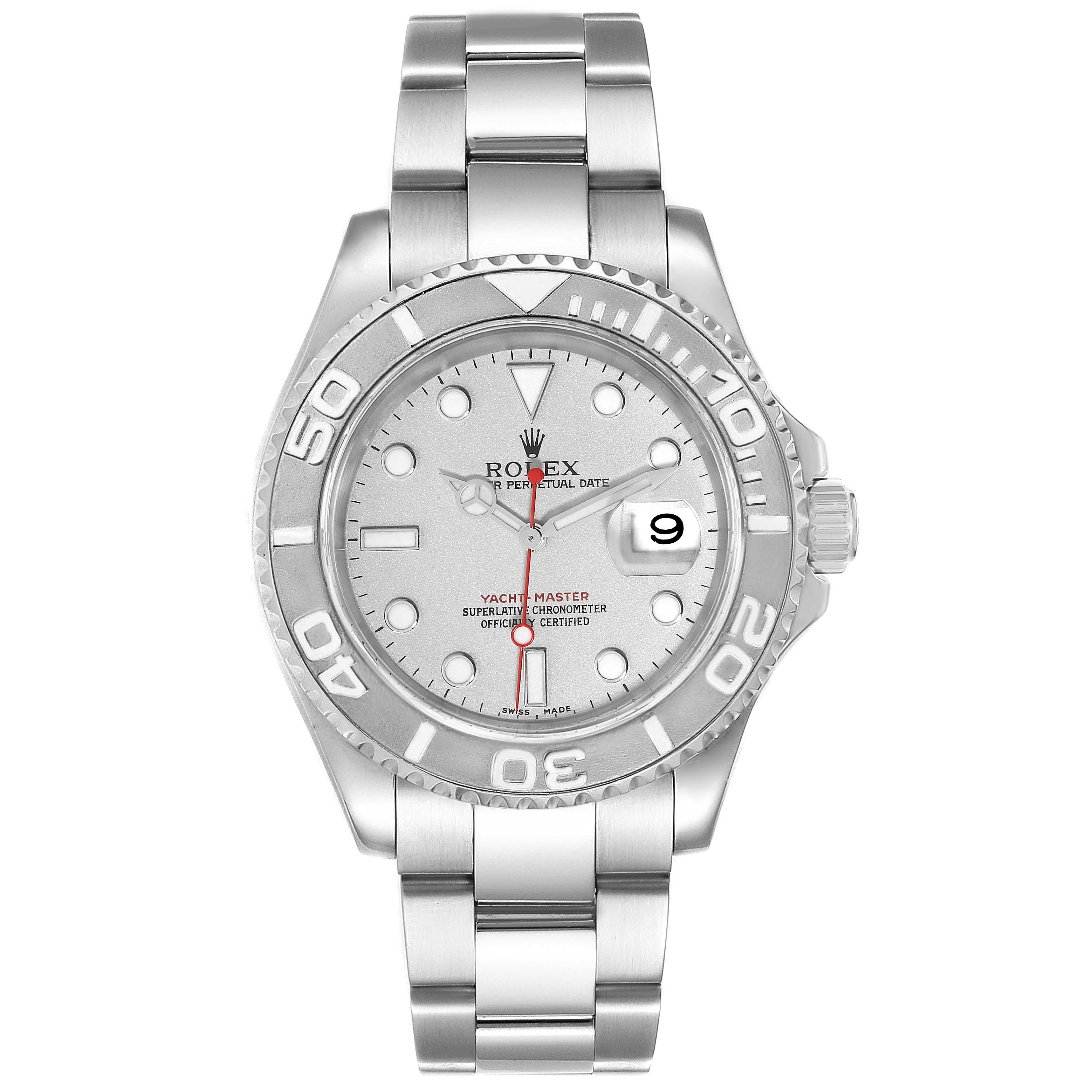 The image shows a front view of the Rolex Yacht-Master 16622 Men
s Stainless Steel Silver Dial 16622 Men
s Stainless Steel Silver Dial watch, featuring its face, bezel, and bracelet.