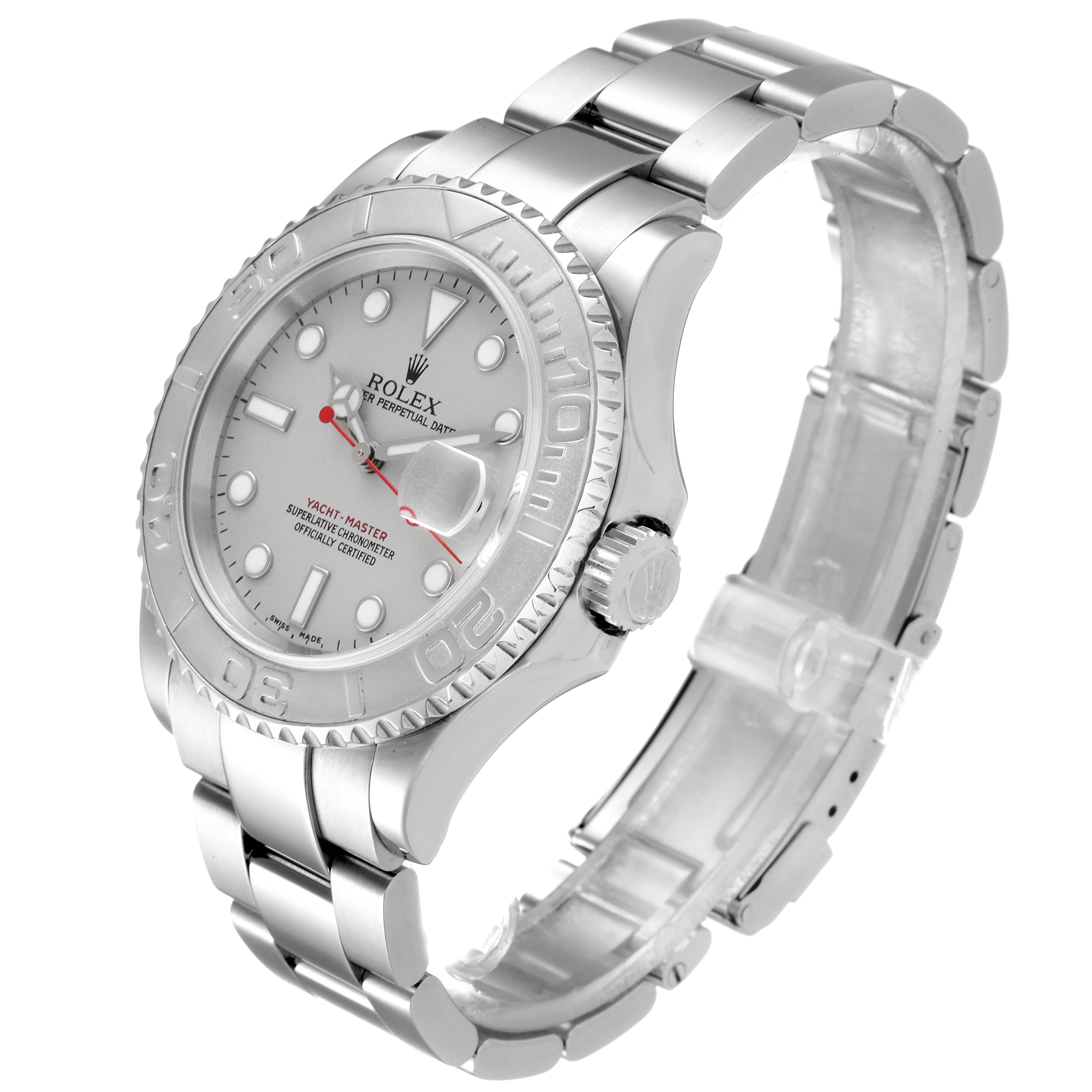 This image shows a Rolex Yacht-Master 16622 Men
s Stainless Steel Silver Dial 16622 Men
s Stainless Steel Silver Dial watch at an angled side view, displaying the dial, bezel, lugs, bracelet, and crown.