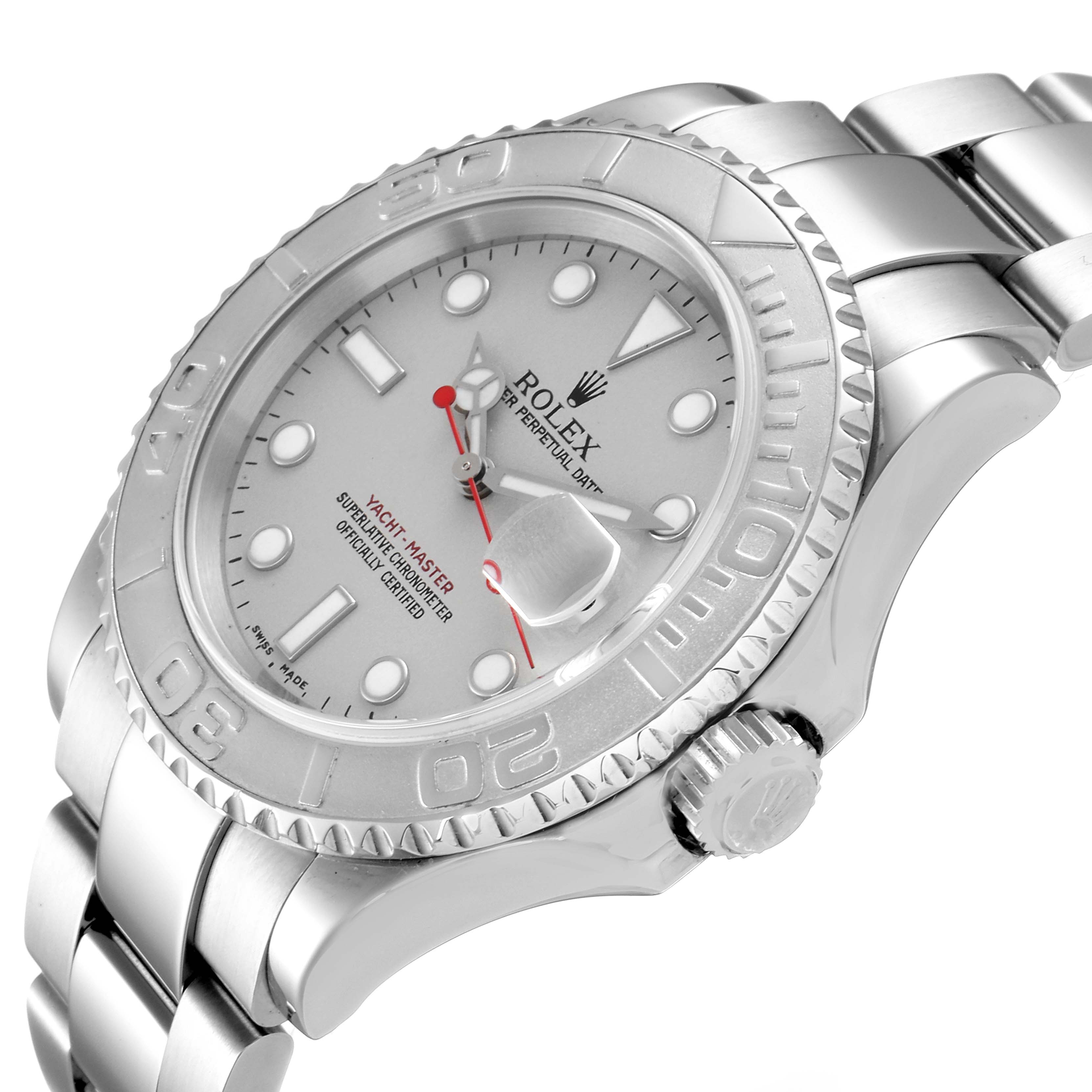 This image shows a Rolex Yacht-Master 16622 Men
s Stainless Steel Silver Dial 16622 Men
s Stainless Steel Silver Dial watch from a high-angle view, highlighting its face, bezel, and bracelet.
