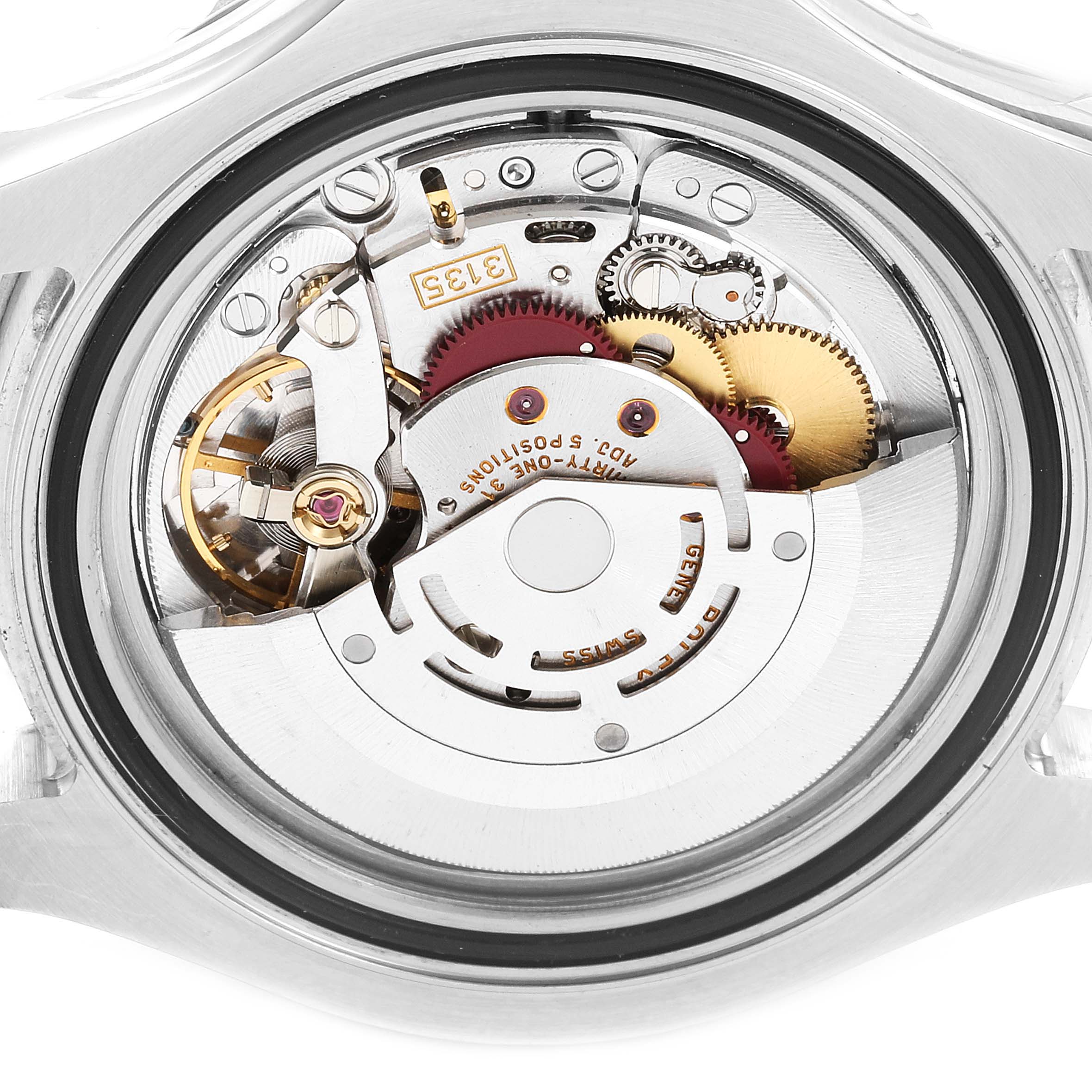The image shows the internal mechanical movement components of a Rolex Yacht-Master 16622 Men
s Stainless Steel Silver Dial 16622 Men
s Stainless Steel Silver Dial watch from a back angle.