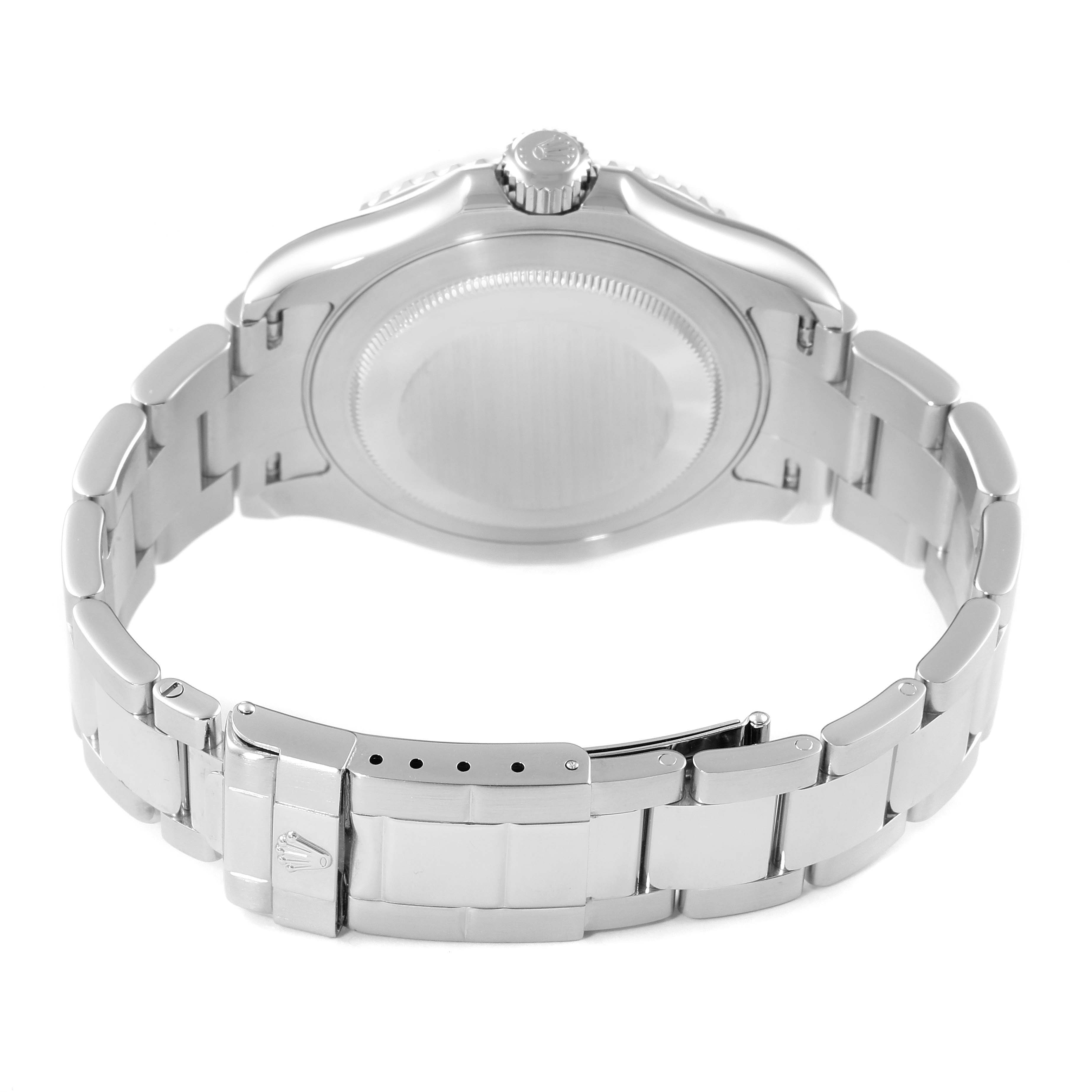 The image shows the rear view of the Rolex Yacht-Master 16622 Men
s Stainless Steel Silver Dial 16622 Men
s Stainless Steel Silver Dial watch, focusing on the case back, crown, and bracelet.