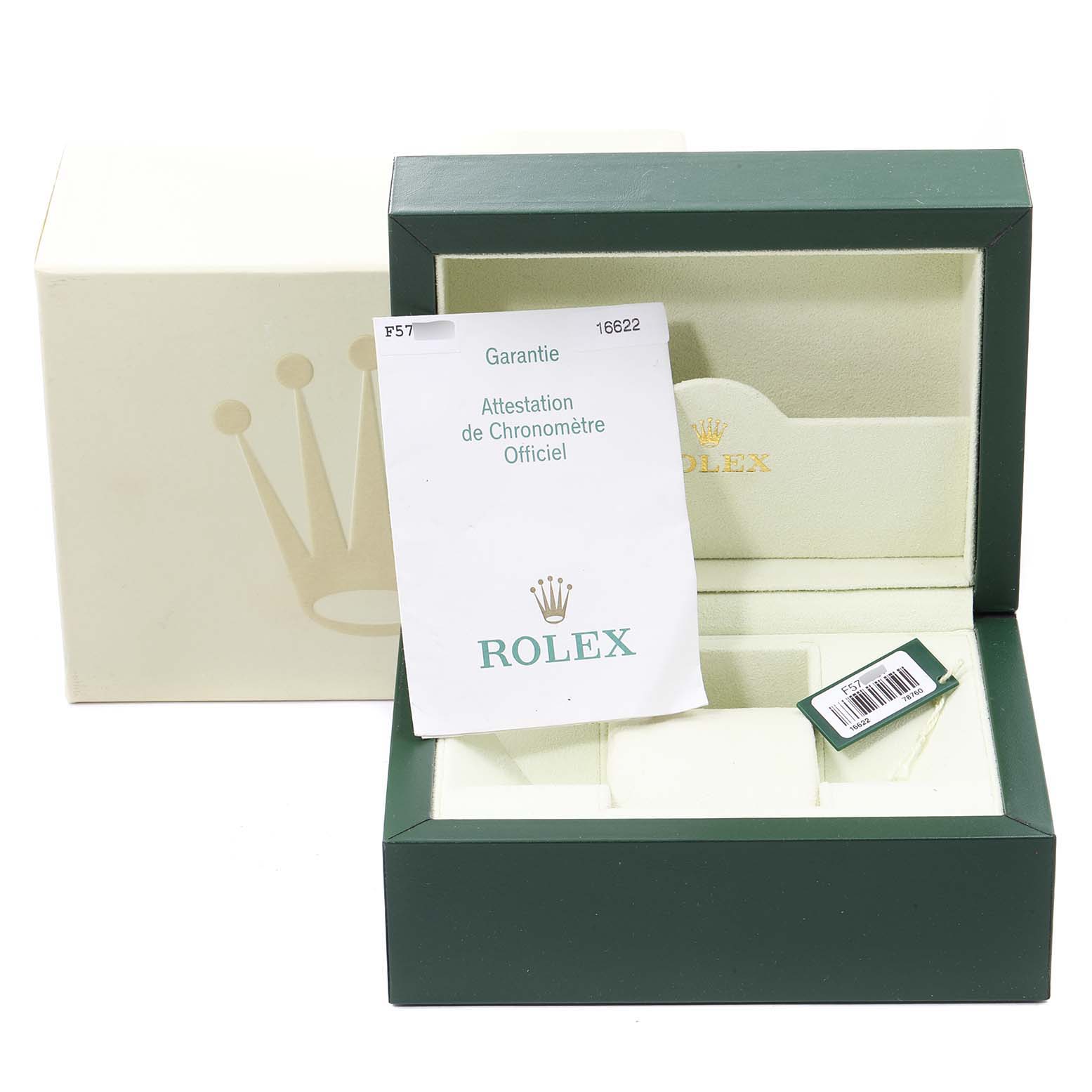 The image shows the open packaging and warranty card for a Rolex Yacht-Master 16622 Men
s Stainless Steel Silver Dial 16622 Men
s Stainless Steel Silver Dial watch.
