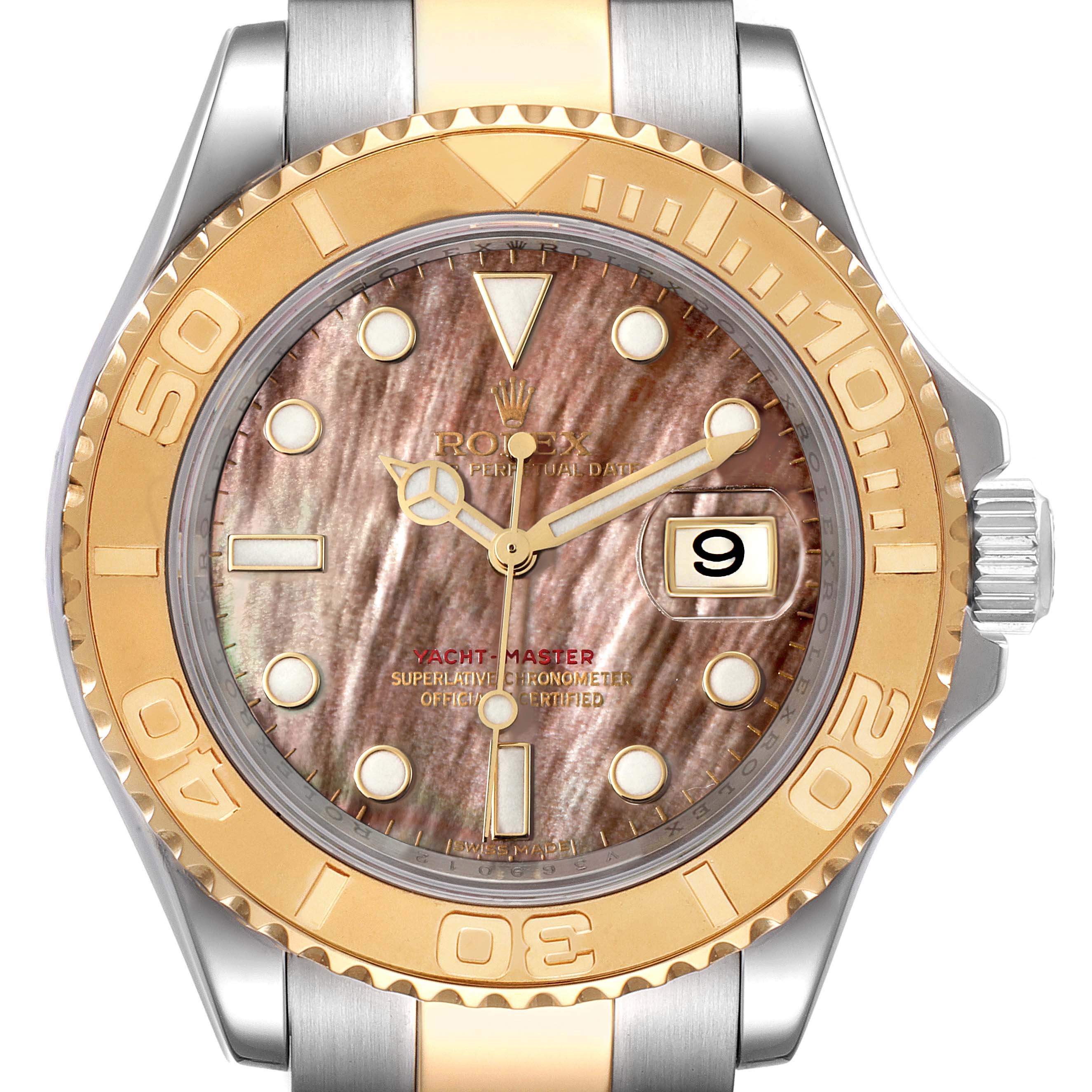 The image shows a frontal view of a Rolex Yacht-Master 16623 Men's Steel and Gold (two tone) Mother of Pearl Dial 16623 Men's Steel and Gold (two tone) Mother of Pearl Dial watch, highlighting its face, bezel, and crown.