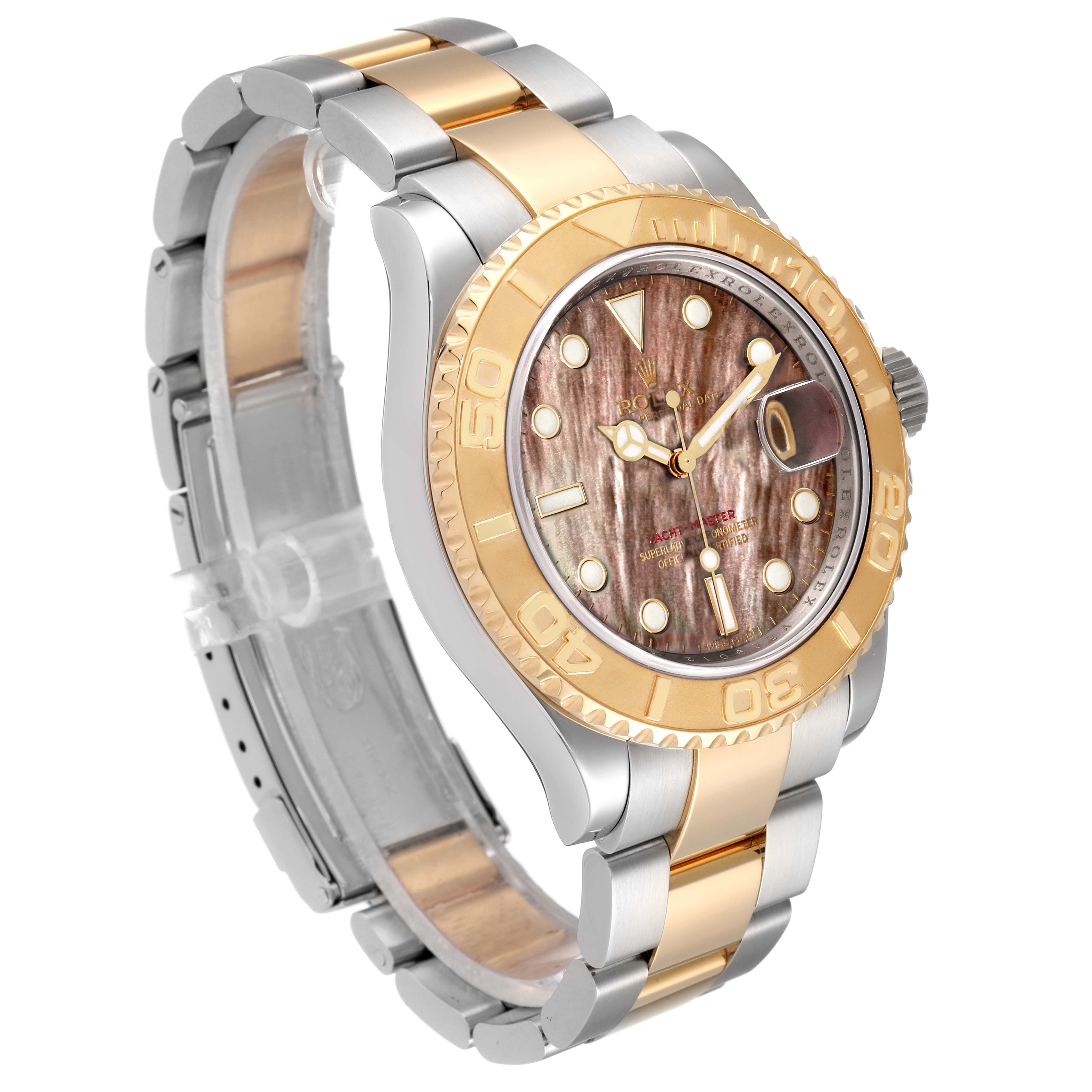 The image shows a Rolex Yacht-Master 16623 Men's Steel and Gold (two tone) Mother of Pearl Dial 16623 Men's Steel and Gold (two tone) Mother of Pearl Dial watch at a 3/4 angle, revealing its face, bezel, crown, and bracelet.