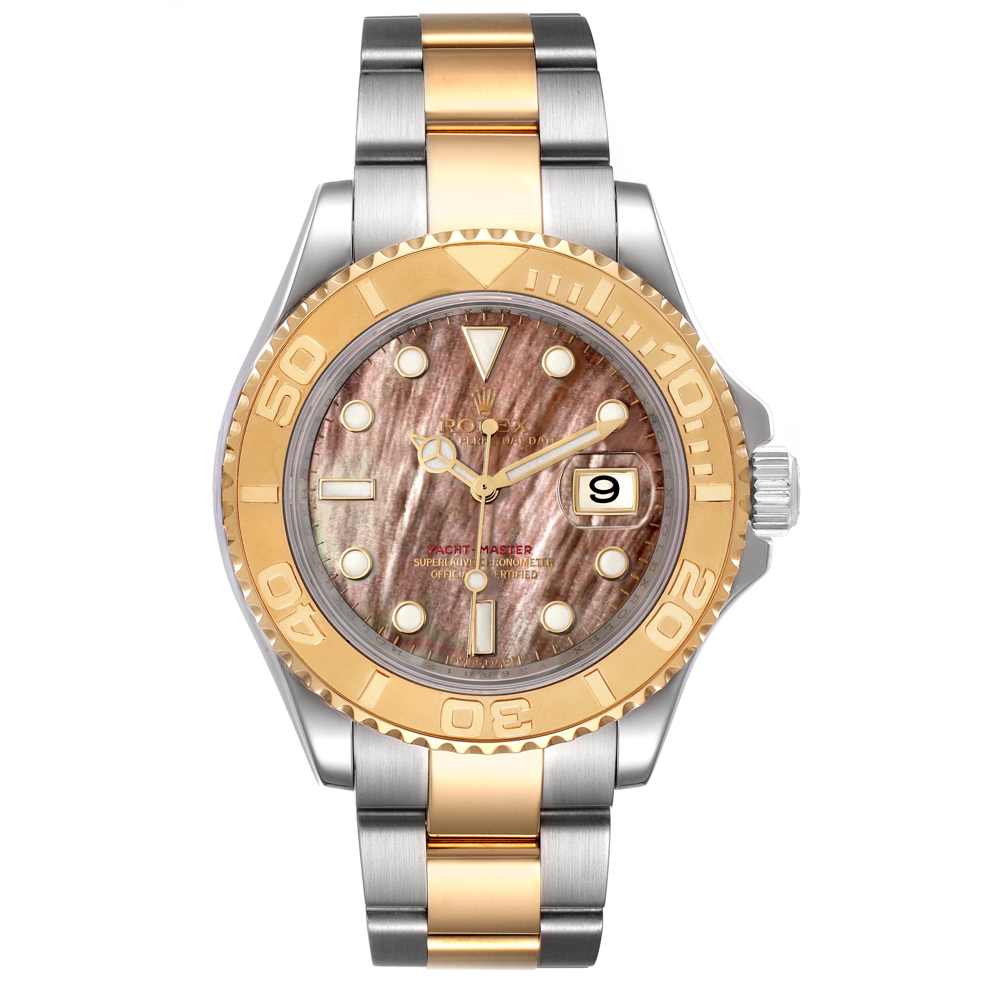 The image shows a front view of the Rolex Yacht-Master 16623 Men's Steel and Gold (two tone) Mother of Pearl Dial 16623 Men's Steel and Gold (two tone) Mother of Pearl Dial watch, highlighting its two-tone bracelet, bezel, dial, and date display.