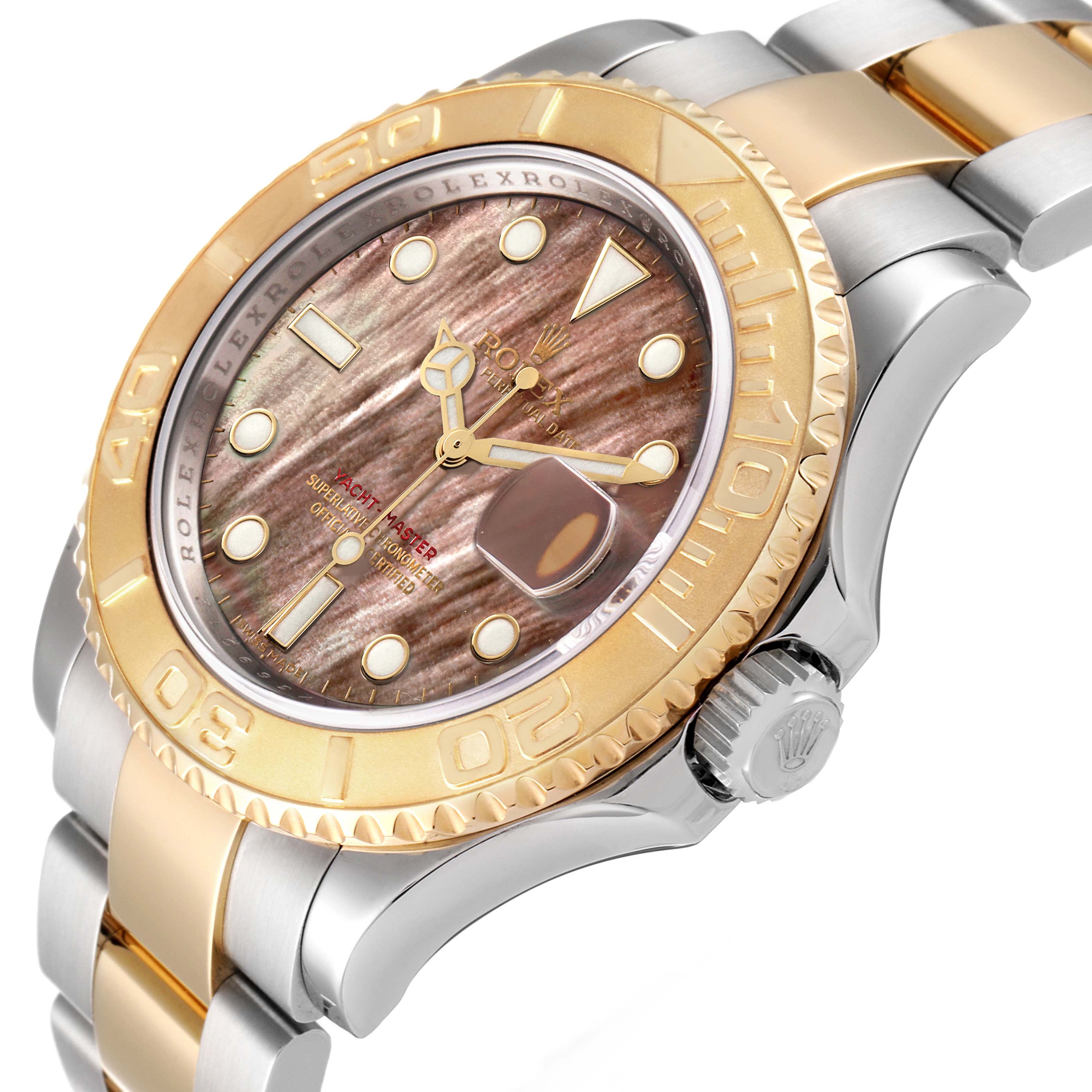 The Rolex Yacht-Master 16623 Men's Steel and Gold (two tone) Mother of Pearl Dial 16623 Men's Steel and Gold (two tone) Mother of Pearl Dial watch is shown from a close-up angle, displaying the dial, bezel, and part of the bracelet.