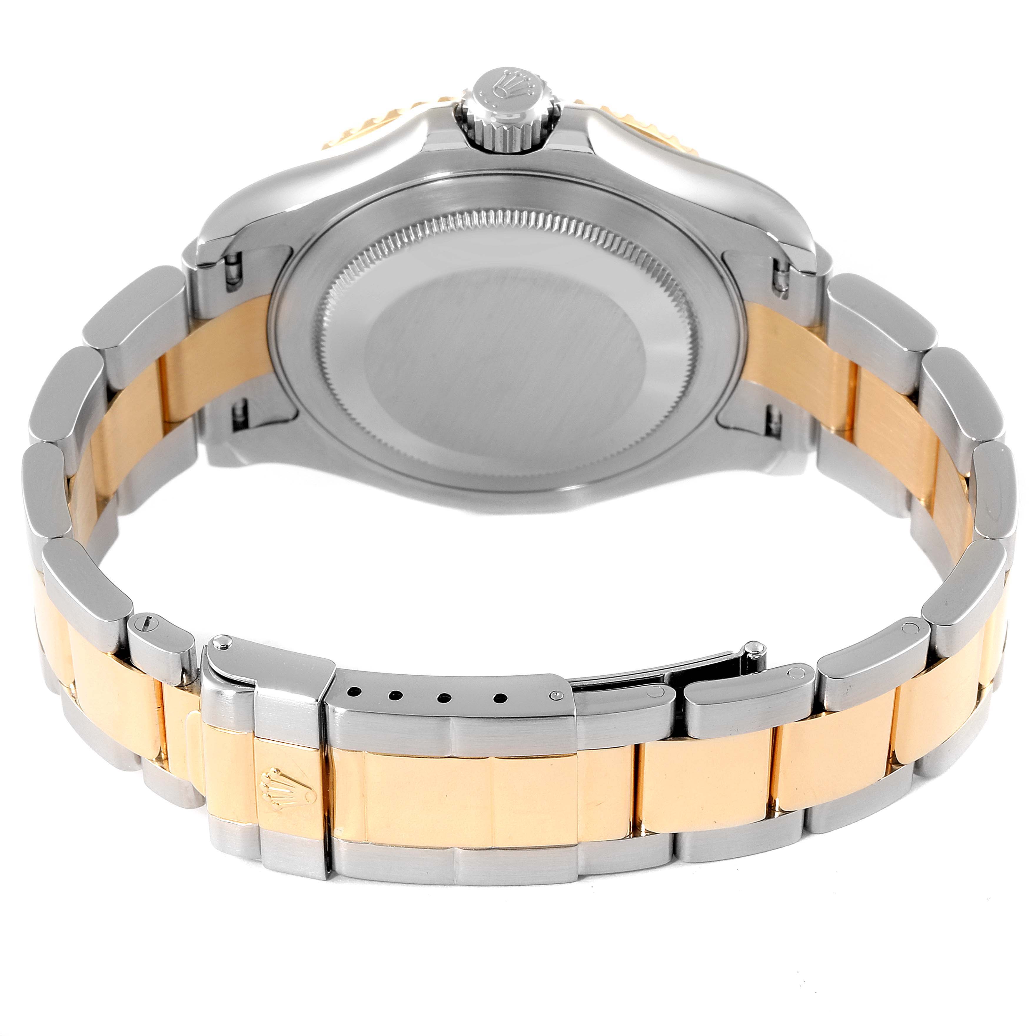 This image shows the back view of a Rolex Yacht-Master 16623 Men's Steel and Gold (two tone) Mother of Pearl Dial 16623 Men's Steel and Gold (two tone) Mother of Pearl Dial watch, highlighting its two-tone bracelet and clasp.