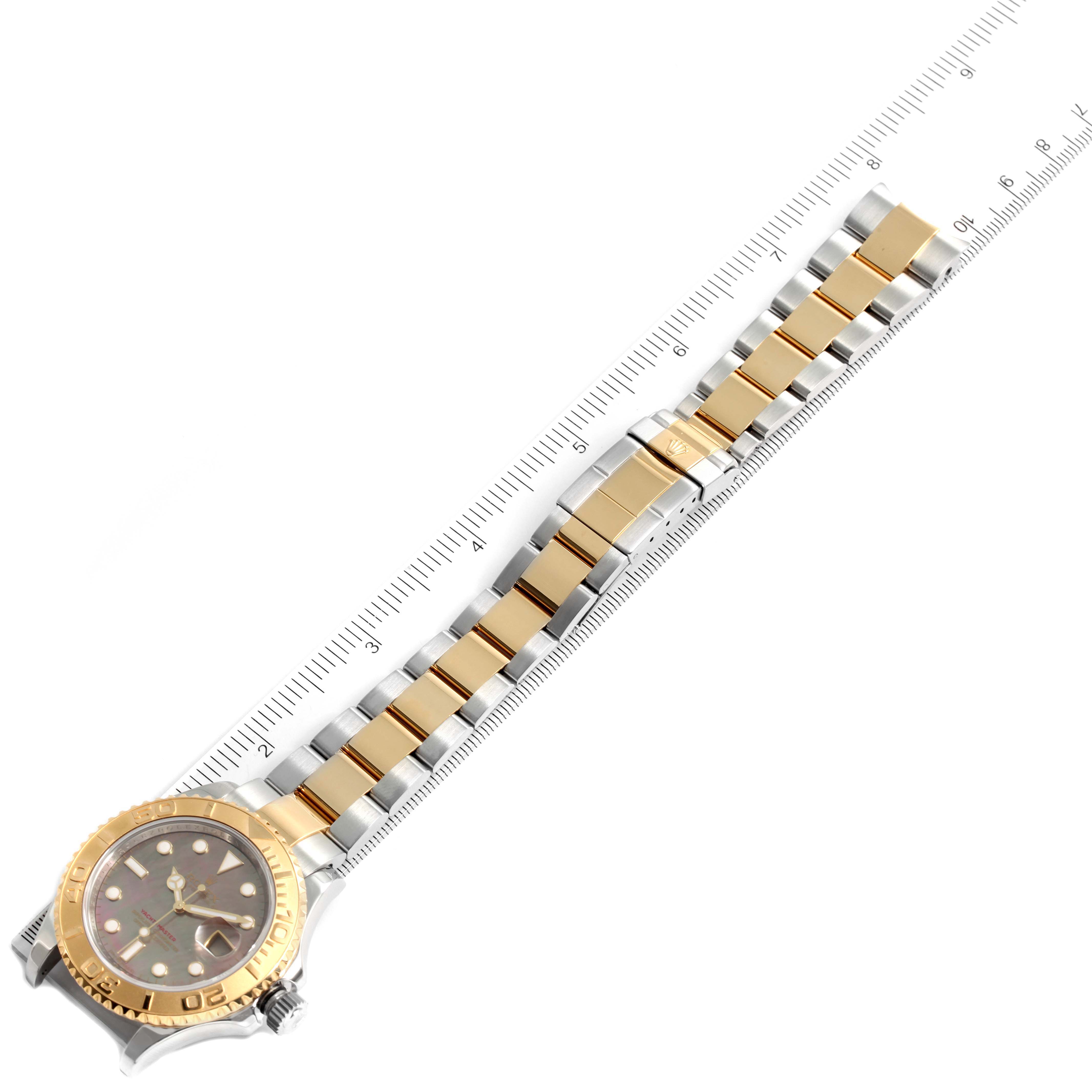 This image shows a Yacht-Master model by Rolex, viewed from above, with the full bracelet and part of the face visible.