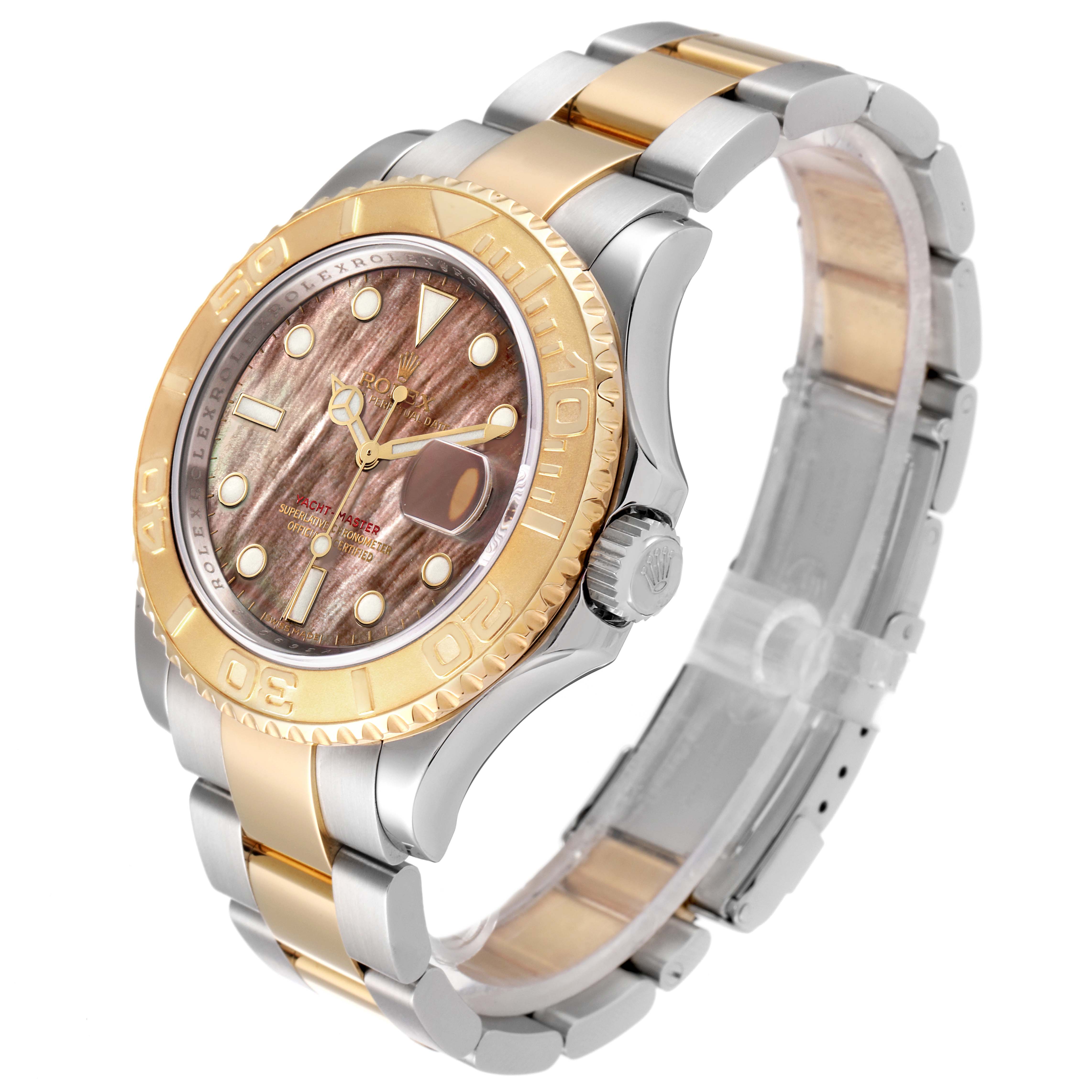 This image shows a Rolex Yacht-Master 16623 Men's Steel and Gold (two tone) Mother of Pearl Dial 16623 Men's Steel and Gold (two tone) Mother of Pearl Dial watch at an angle highlighting the bezel, dial, crown, and two-tone bracelet.