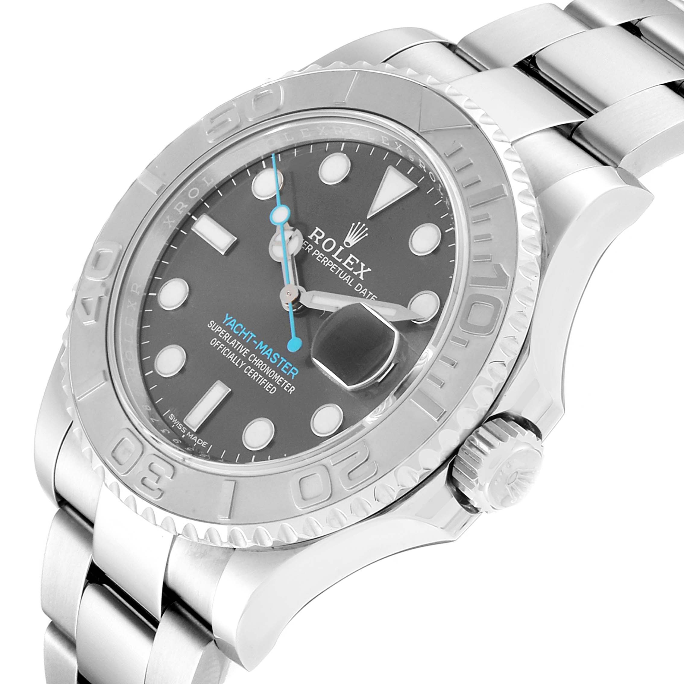 The Rolex Yacht-Master 116622 Men's Platinum Grey Dial 116622 Men's Platinum Grey Dial watch is shown at an angle highlighting the bezel, crown, and part of the bracelet.