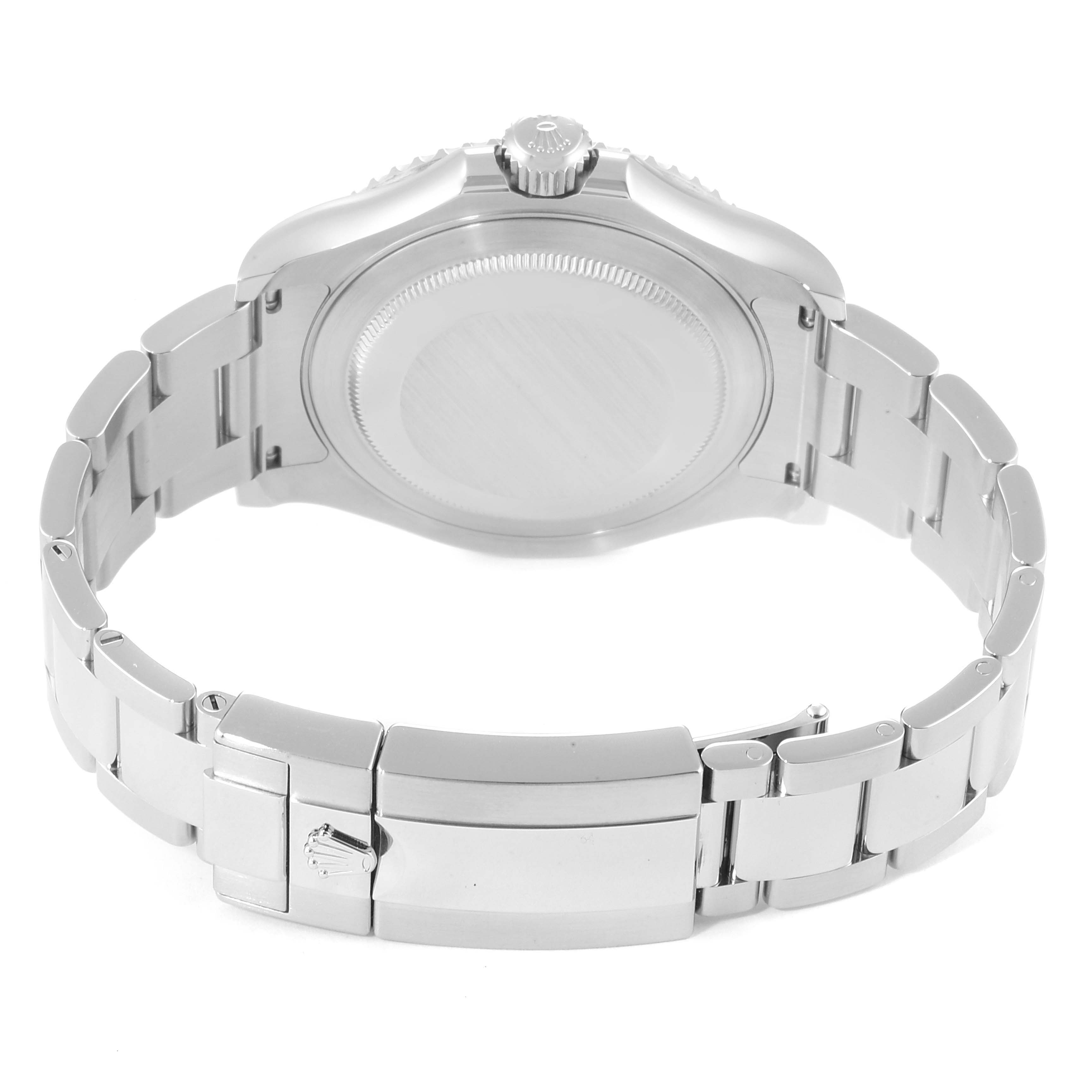 This image shows the back case and bracelet of a Yacht-Master model by Rolex from a rear angle.