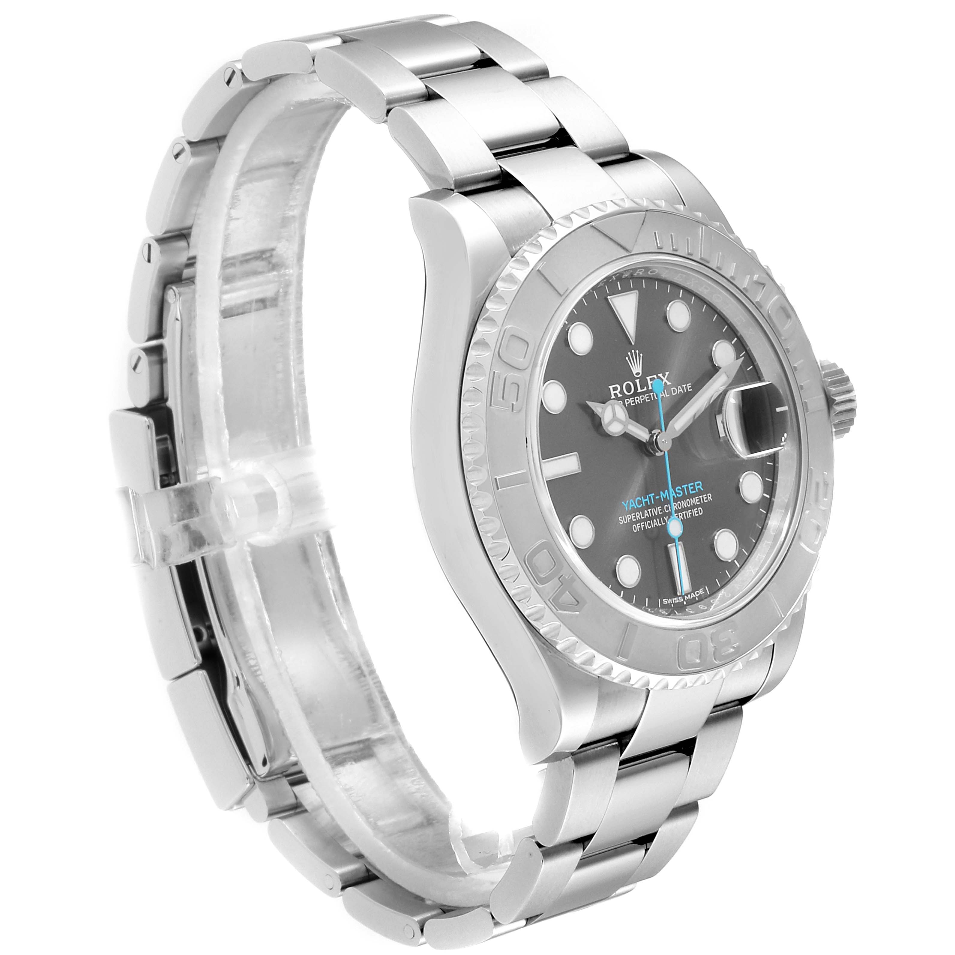 The Rolex Yacht-Master 116622 Men's Platinum Grey Dial 116622 Men's Platinum Grey Dial watch is shown from a left-side angle, highlighting the face, bezel, and bracelet.