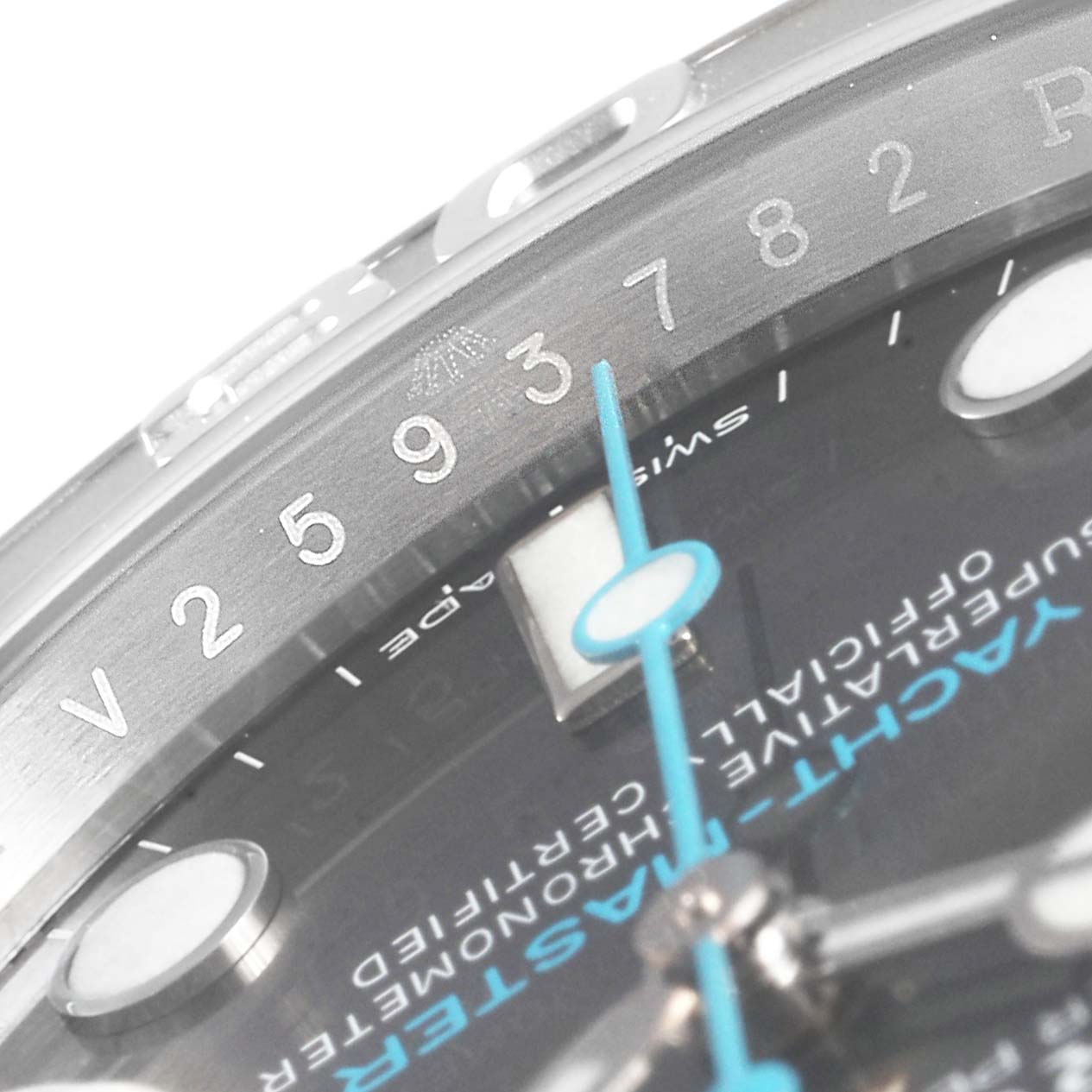 The image captures a close-up angle of the bezel, dial, and hands of a Rolex Yacht-Master 116622 Men's Platinum Grey Dial 116622 Men's Platinum Grey Dial watch.