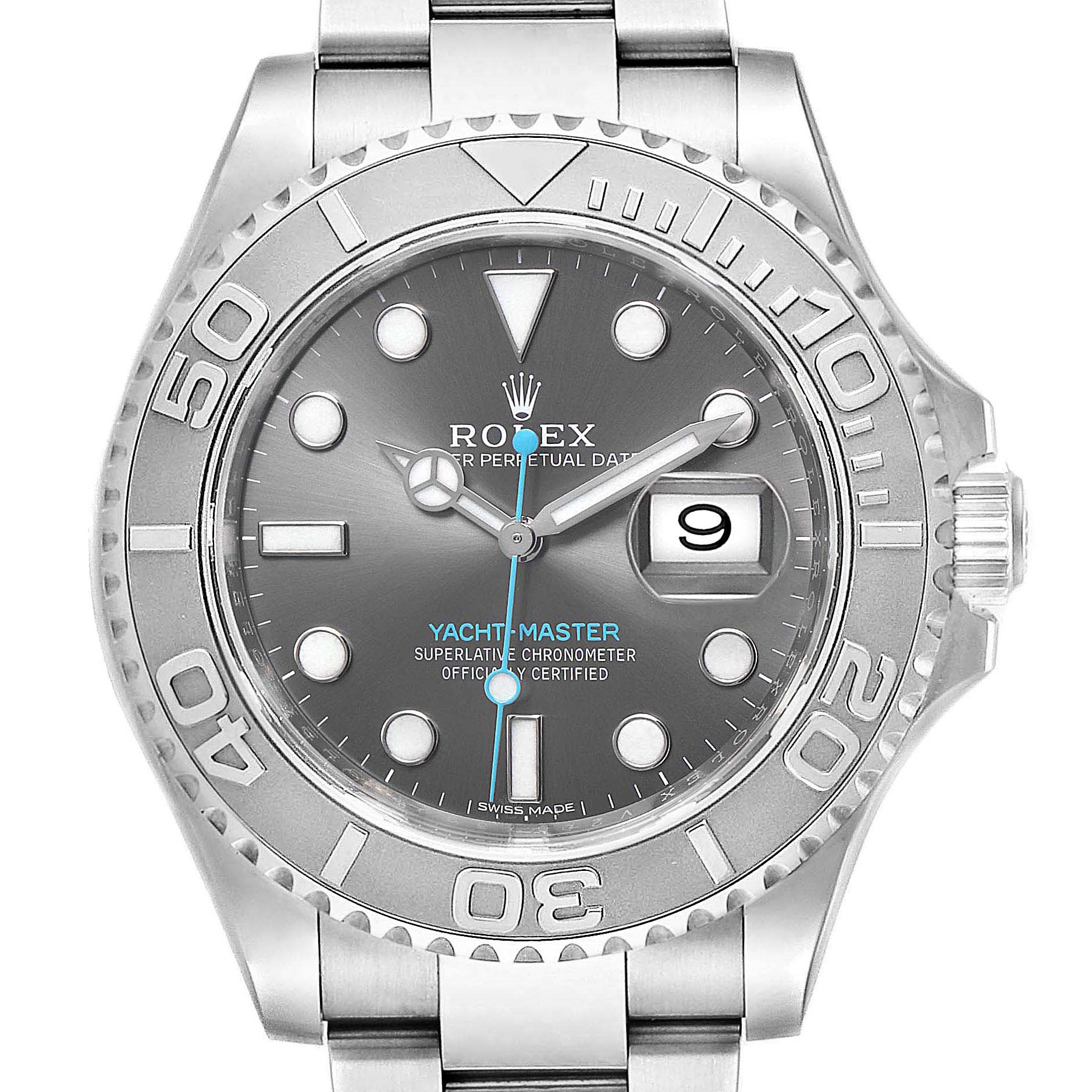 The Rolex Yacht-Master 116622 Men's Platinum Grey Dial 116622 Men's Platinum Grey Dial watch is shown in a straight-on angle, displaying its entire face, bezel, and part of the bracelet.