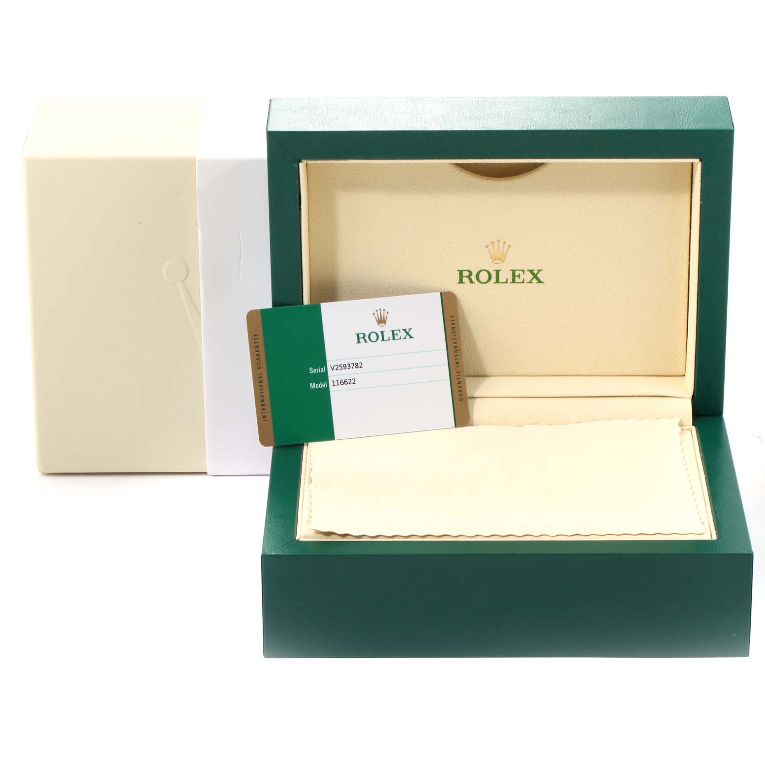 The image shows a Rolex Yacht-Master 116622 Men's Platinum Grey Dial 116622 Men's Platinum Grey Dial's open green box with a warranty card and outer packaging.
