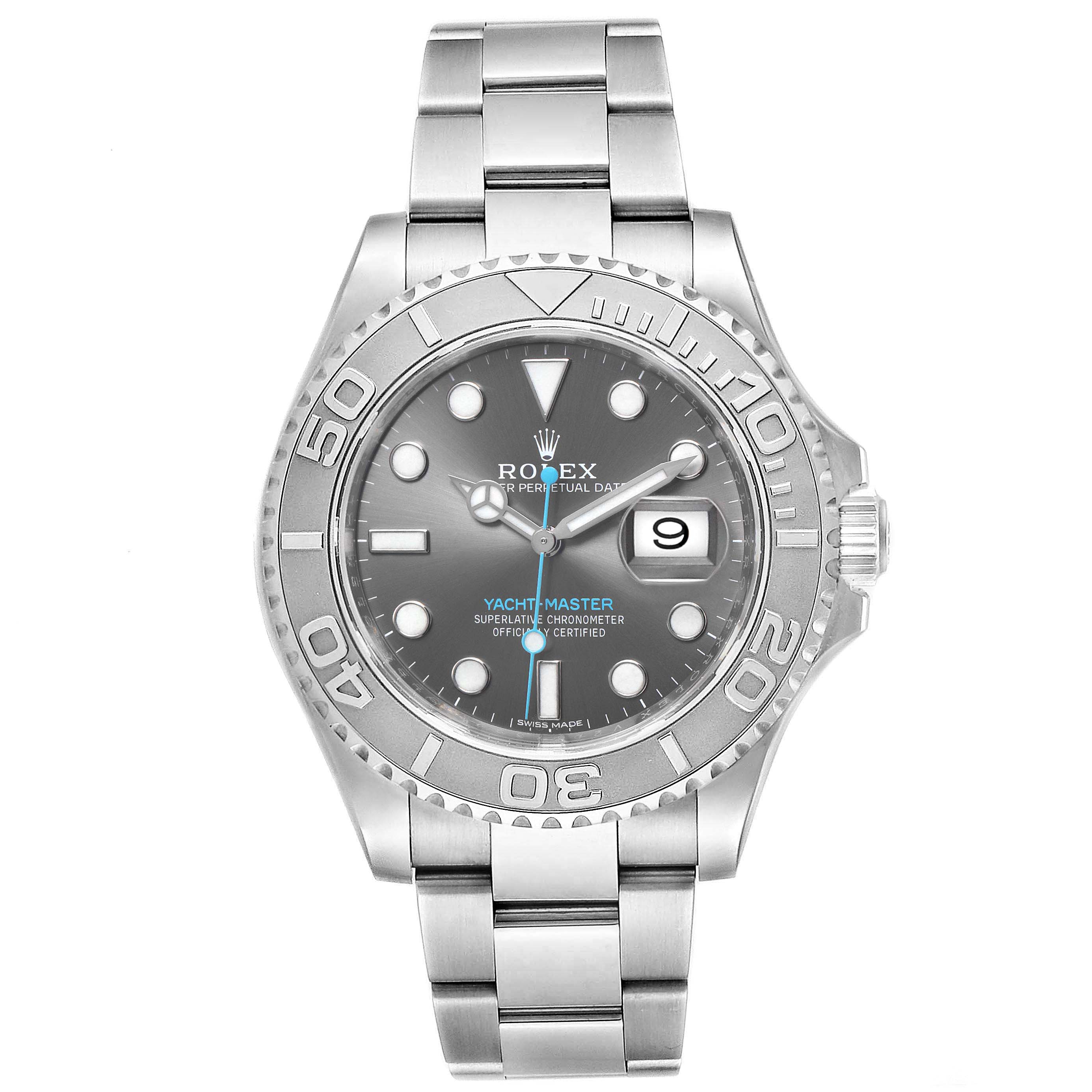 This image shows a front view of the Rolex Yacht-Master 116622 Men's Platinum Grey Dial 116622 Men's Platinum Grey Dial watch, displaying the face, bezel, and metal bracelet.