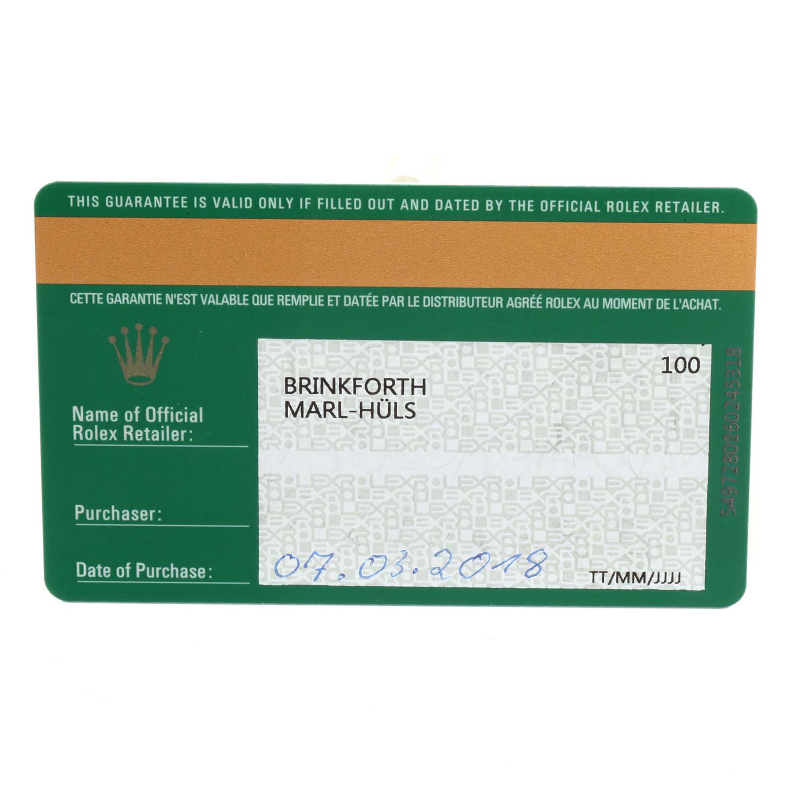 This image shows a guarantee card for a Rolex Yacht-Master 116622 Men's Platinum Grey Dial 116622 Men's Platinum Grey Dial watch from an official retailer.