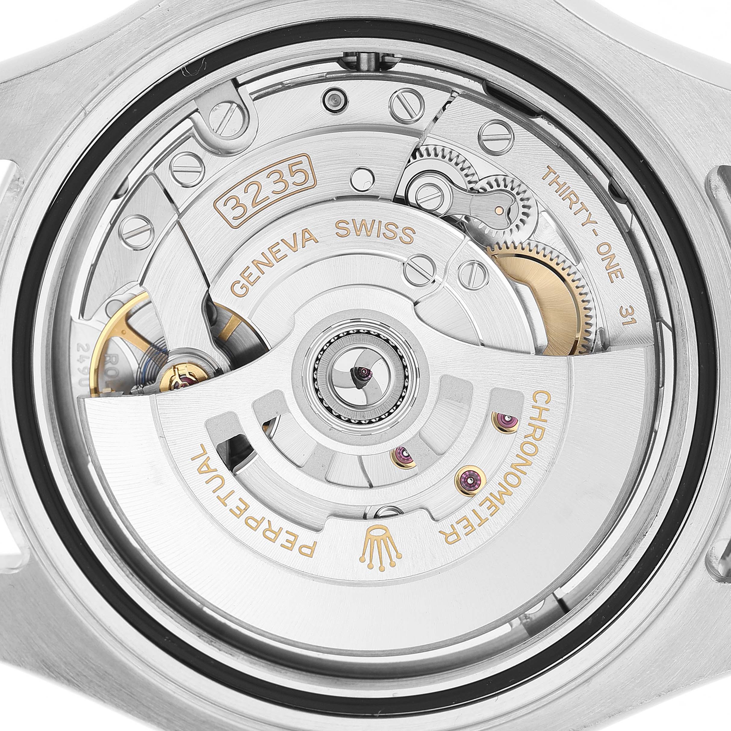 The image shows the movement of a Rolex Yacht-Master 126622 Men's Stainless Steel Blue Dial watch, focusing on the intricate mechanisms and rotor inscribed with "3235."