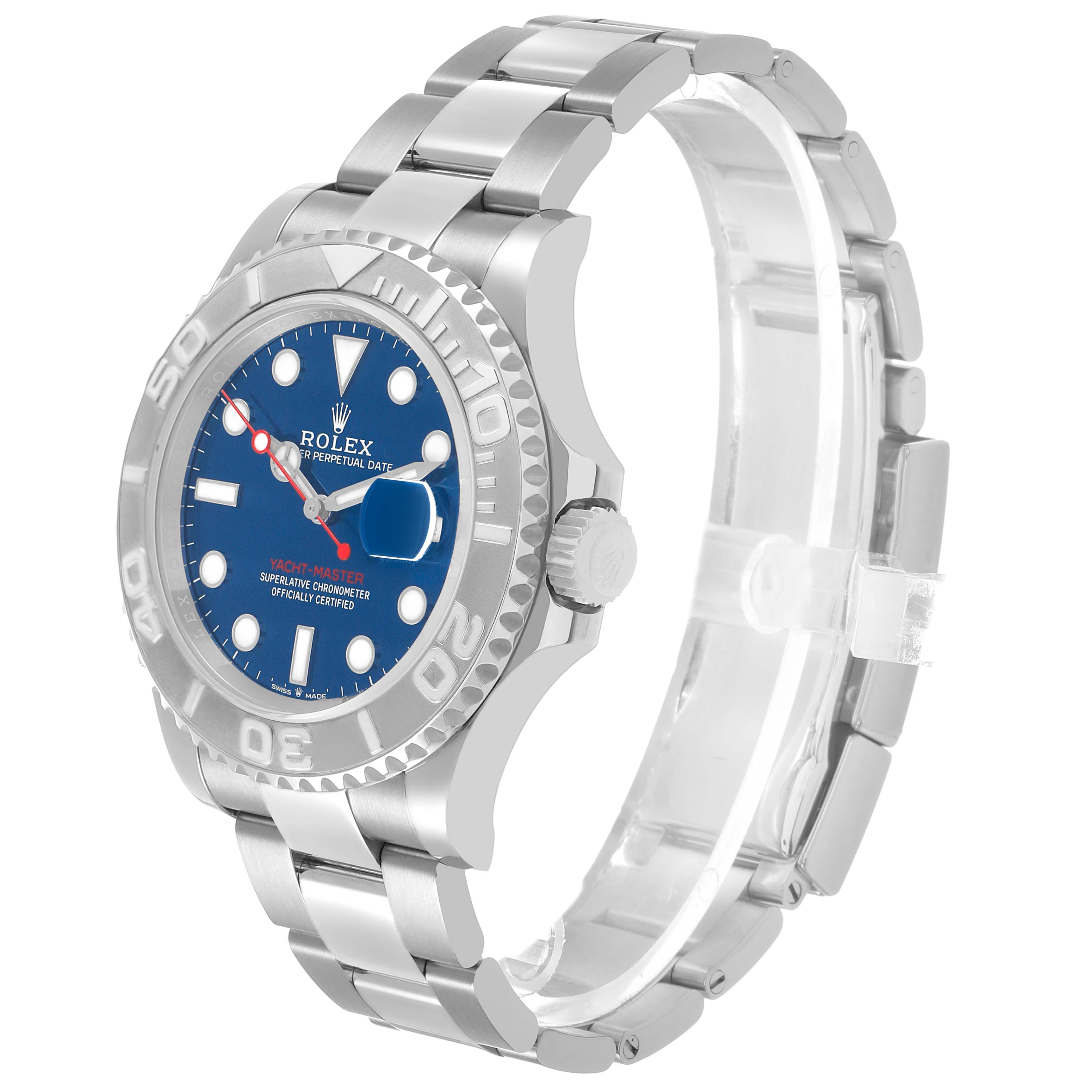 The Rolex Yacht-Master 126622 Men's Stainless Steel Blue Dial watch is shown from a side angle, highlighting the clasp, bezel, dial, and bracelet.