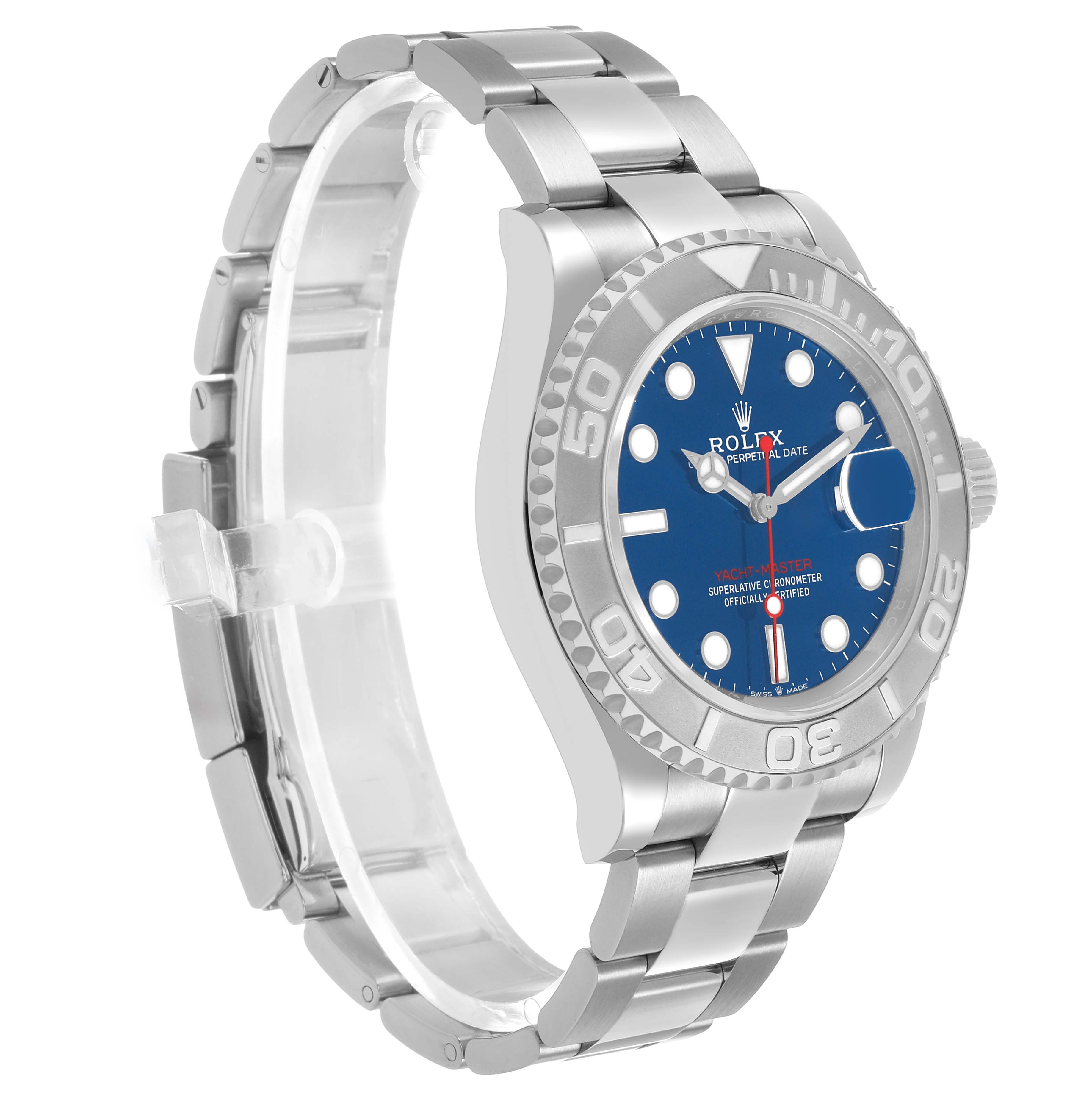 The Rolex Yacht-Master 126622 Men's Stainless Steel Blue Dial watch is shown at a three-quarter angle, highlighting the bracelet, bezel, and blue dial.