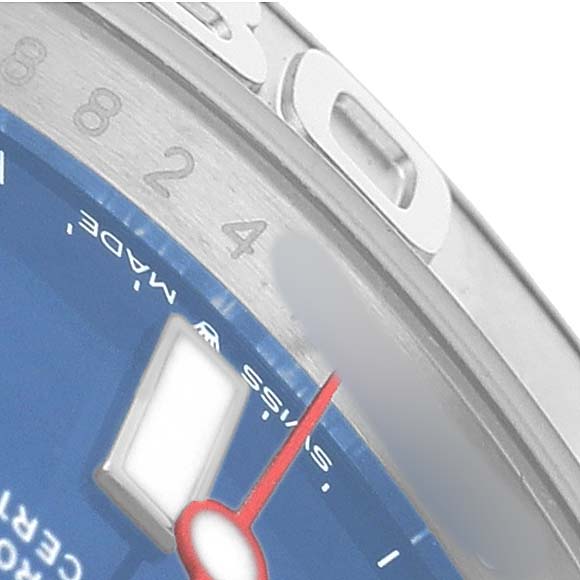 The image shows a close-up of the dial and bezel of a Rolex Yacht-Master 126622 Men's Stainless Steel Blue Dial watch, highlighting the numbers and a red hand.