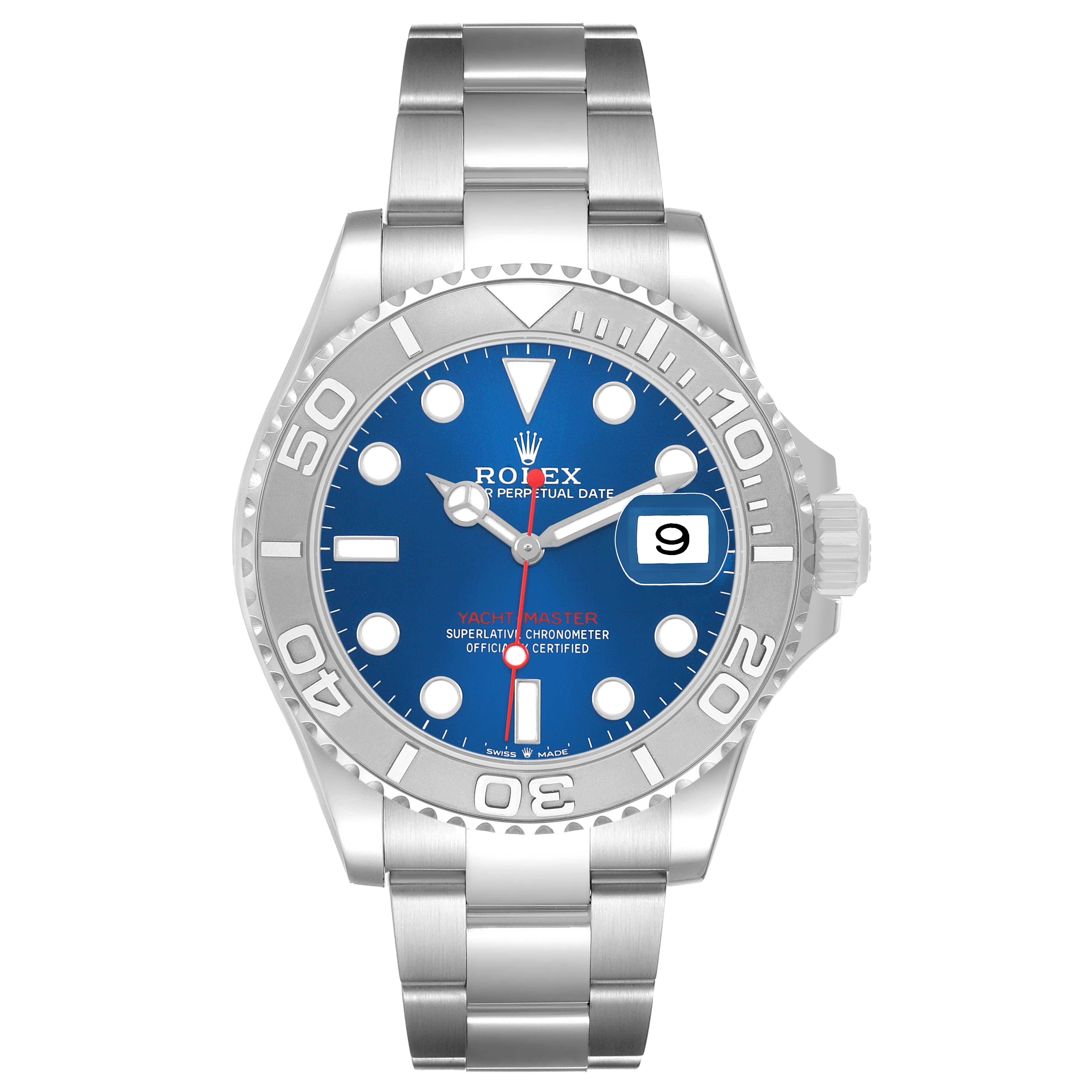 The Yacht-Master by Rolex is shown from a top view, highlighting the blue dial, bezel, and metal bracelet.