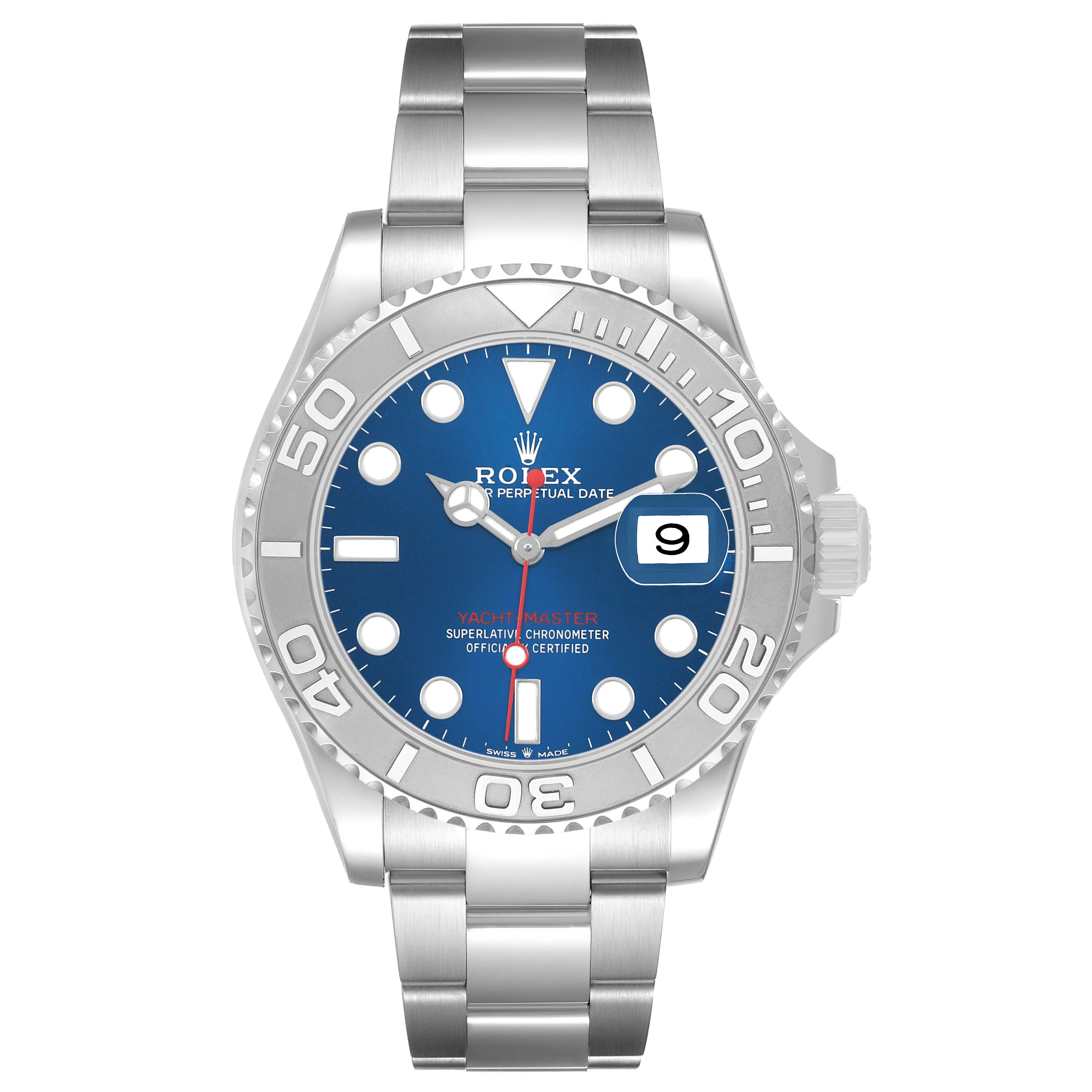 The Rolex Yacht-Master 126622 Men's Stainless Steel Blue Dial watch is shown from the front, displaying its bezel, dial, hands, and bracelet.