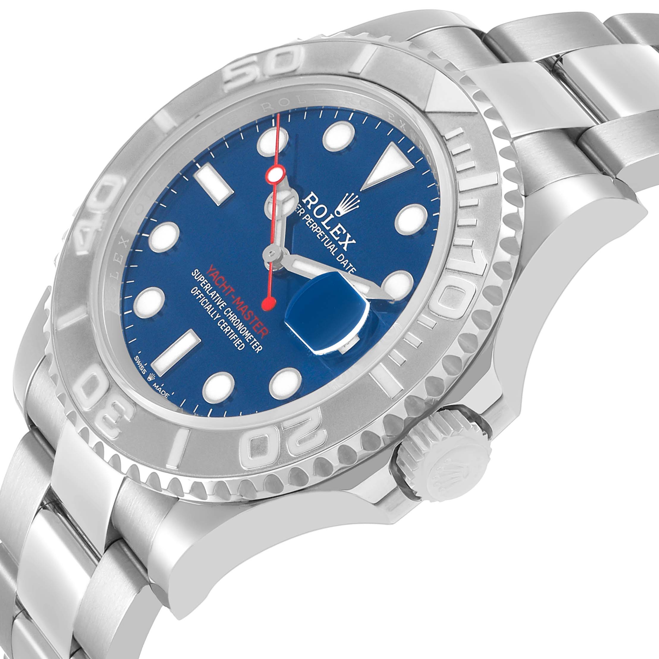 The Rolex Yacht-Master 126622 Men's Stainless Steel Blue Dial watch is shown at a three-quarter angle, highlighting the bezel, crown, and part of the bracelet.