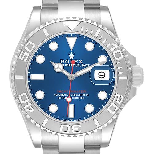 The Rolex Yacht-Master 126622 Men's Stainless Steel Blue Dial is shown from a frontal angle, highlighting its blue dial, bezel, and the date window.