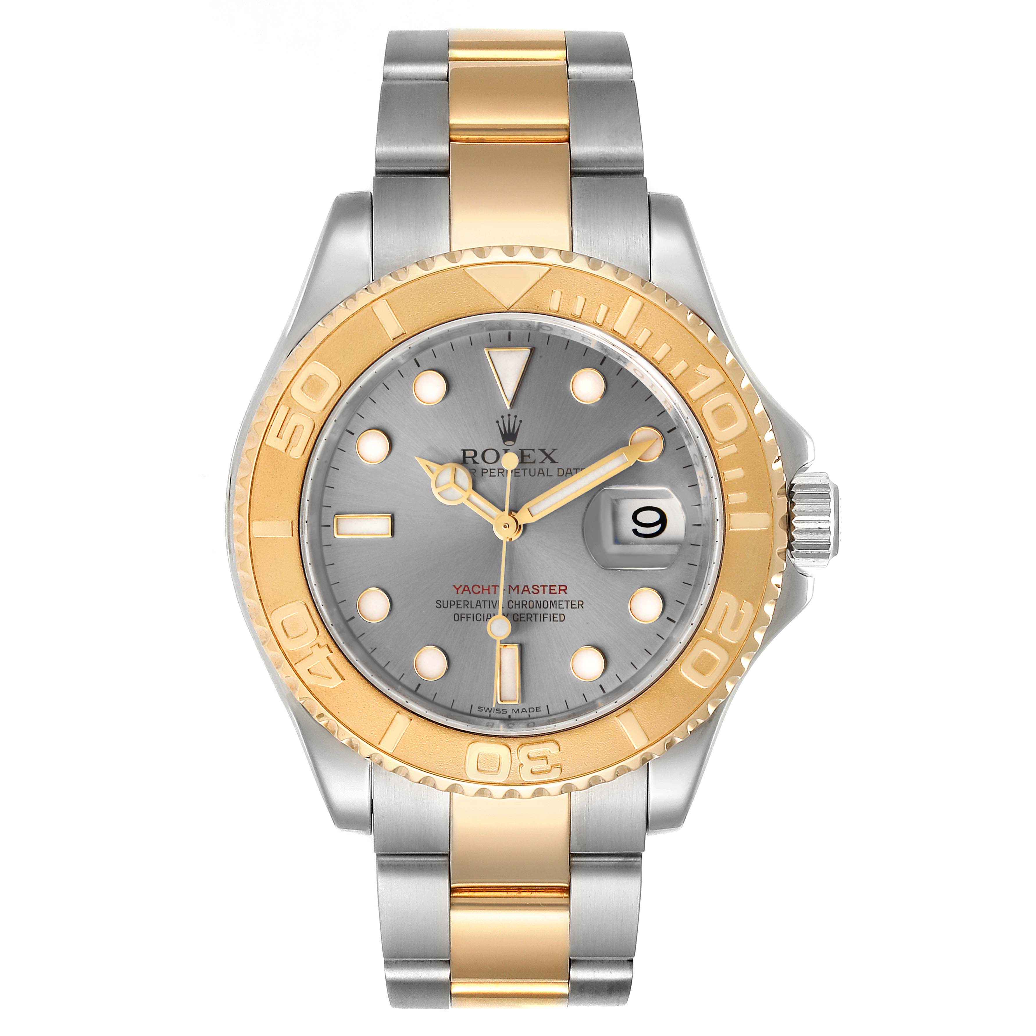 The Rolex Yacht-Master 16623 Men
s Steel and Gold (two tone) Grey Dial 16623 Men
s Steel and Gold (two tone) Grey Dial watch is shown from the front, displaying the dial, bezel, and bracelet.