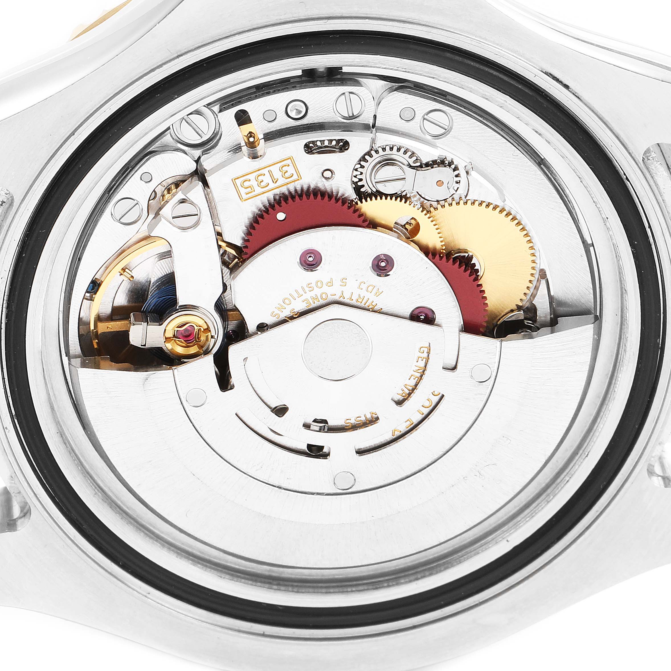 This is a close-up of the internal mechanism of a Rolex Yacht-Master 16623 Men
s Steel and Gold (two tone) Grey Dial 16623 Men
s Steel and Gold (two tone) Grey Dial watch, displaying gears and components in detail.