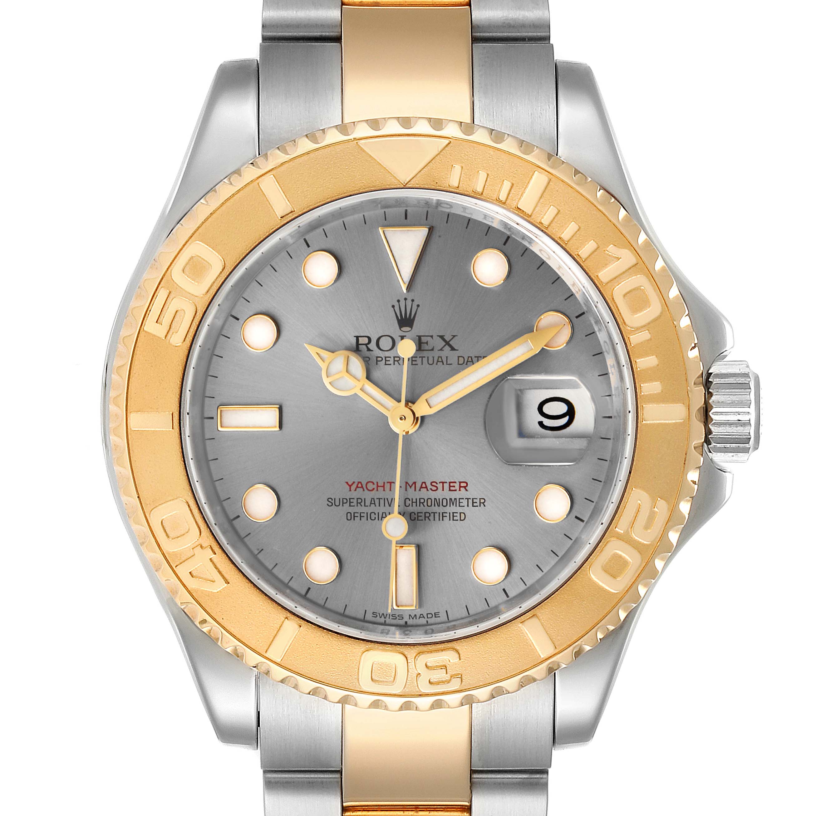 The Rolex Yacht-Master 16623 Men
s Steel and Gold (two tone) Grey Dial 16623 Men
s Steel and Gold (two tone) Grey Dial watch is shown from the front, highlighting its dial, bezel, hands, and bracelet.