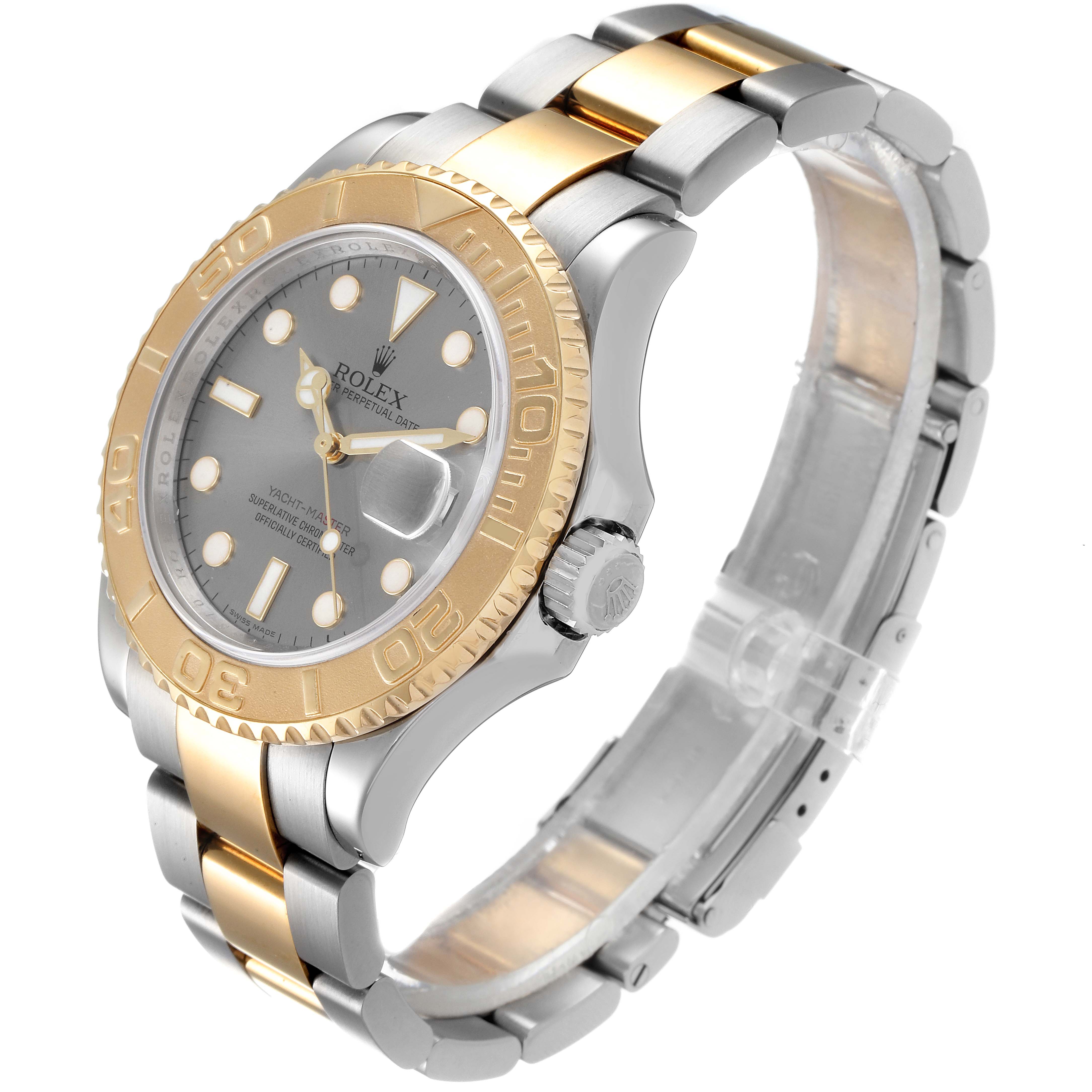 The image shows a side angle of a Rolex Yacht-Master 16623 Men
s Steel and Gold (two tone) Grey Dial 16623 Men
s Steel and Gold (two tone) Grey Dial watch, highlighting its bezel, dial, bracelet, and crown.