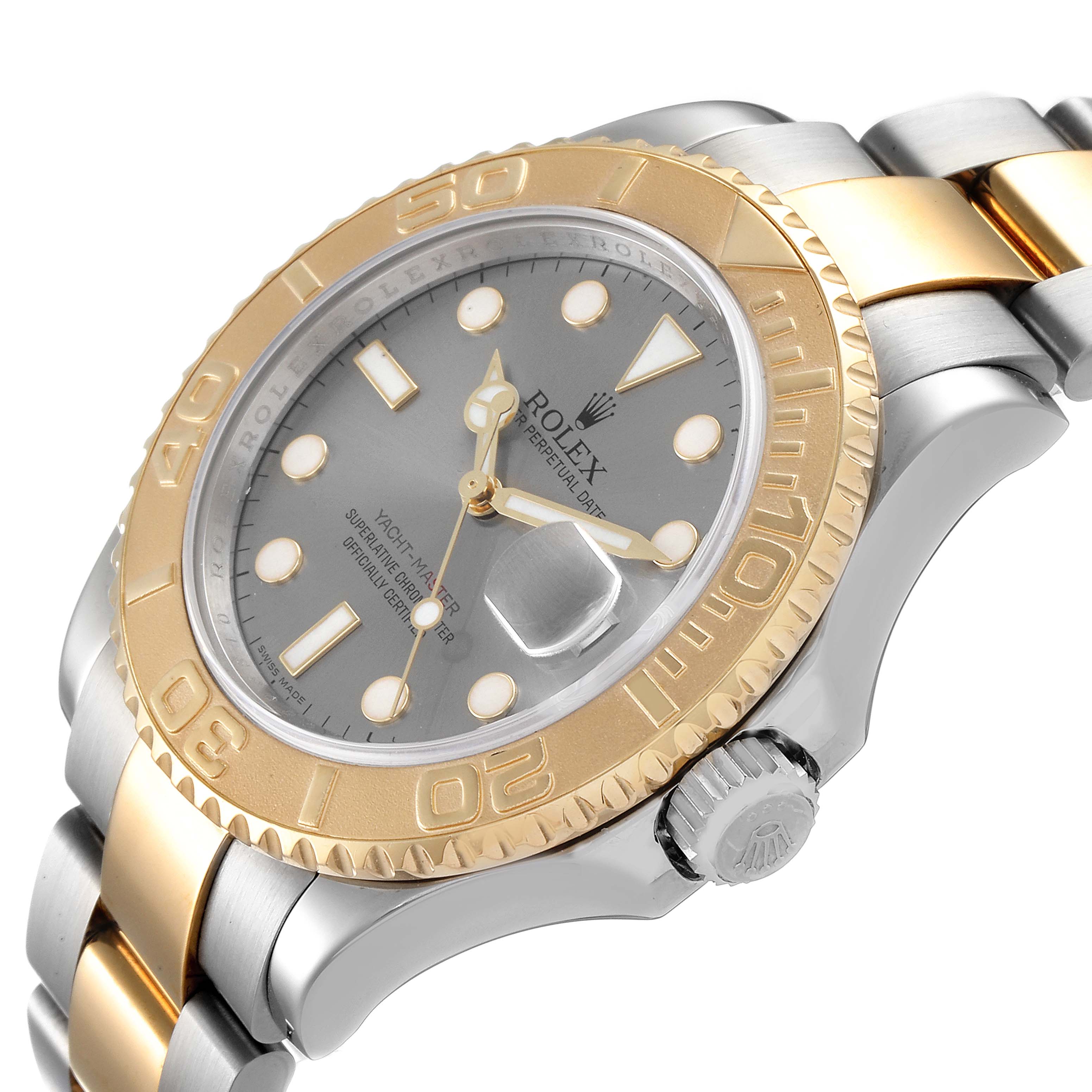 The Rolex Yacht-Master 16623 Men
s Steel and Gold (two tone) Grey Dial 16623 Men
s Steel and Gold (two tone) Grey Dial watch is shown at an angle highlighting its bezel, dial, crown, and two-tone metal band.