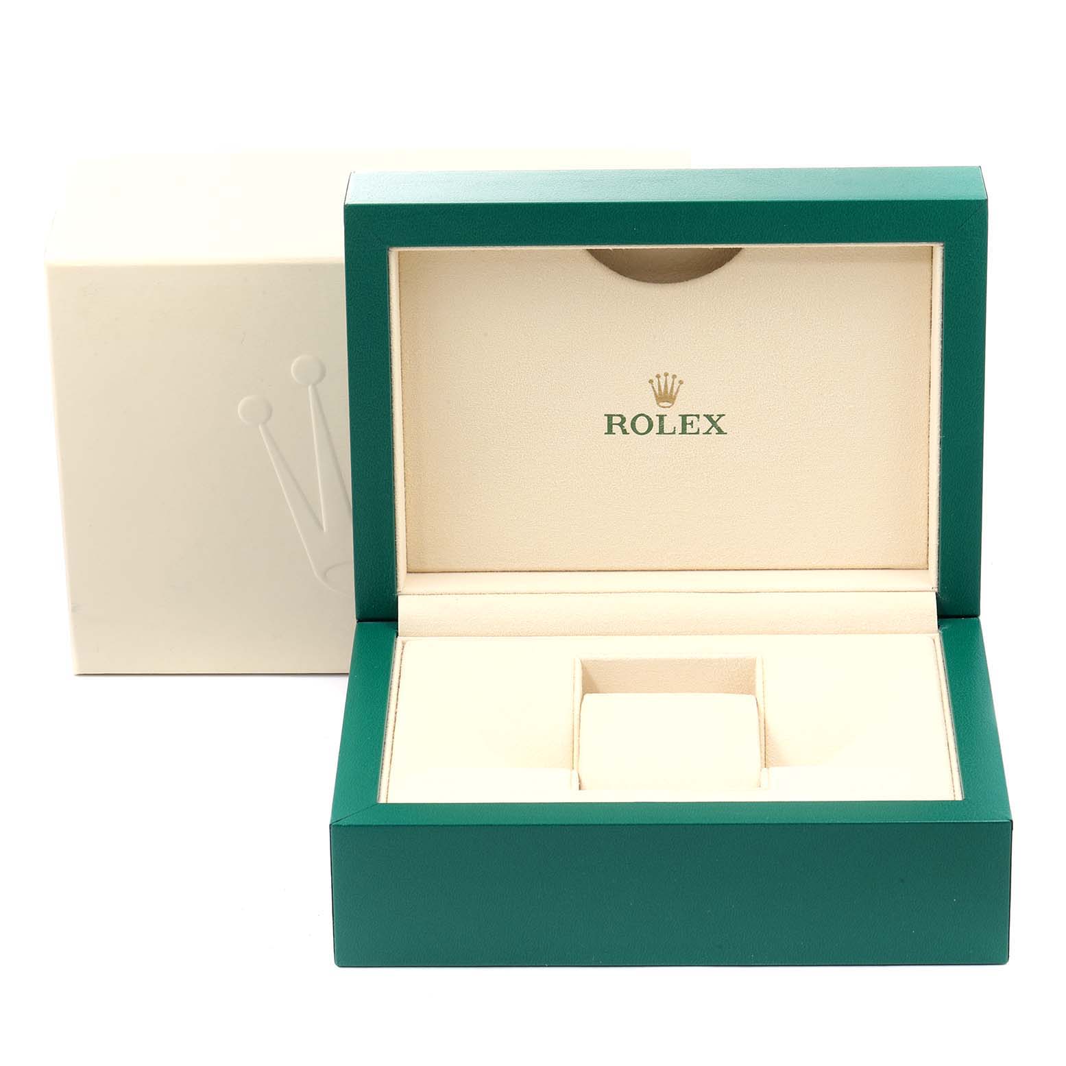 The image shows an open green and beige Rolex watch box for the Yacht-Master model.